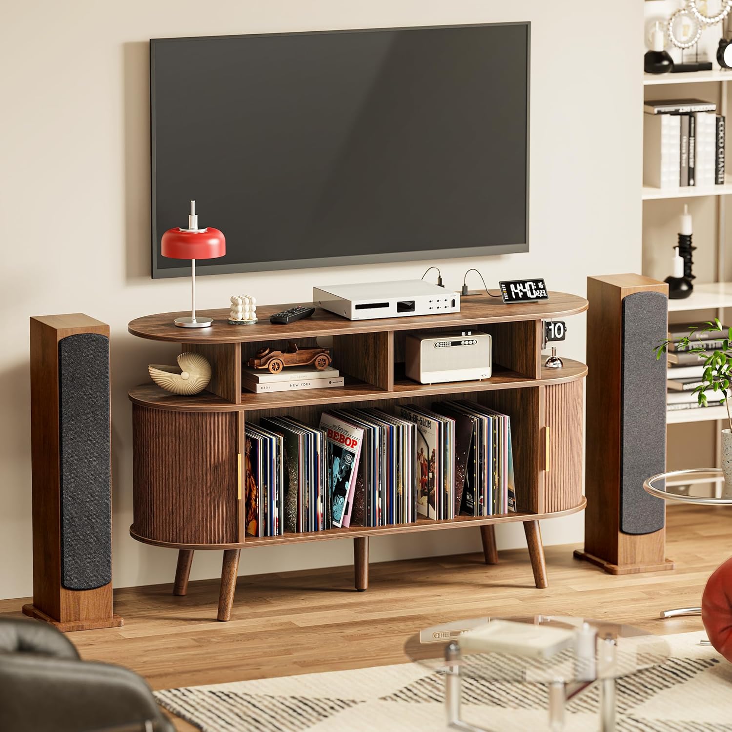 PRAISUN 47.2 Inch Large Record Player Stand with Power Outlets & 3-Color Lights, Vinyl Record Stand with 2 Fluted Cabinets, USB-C Port, Mid Century Modern Player Stand, Open Storage, Walnut