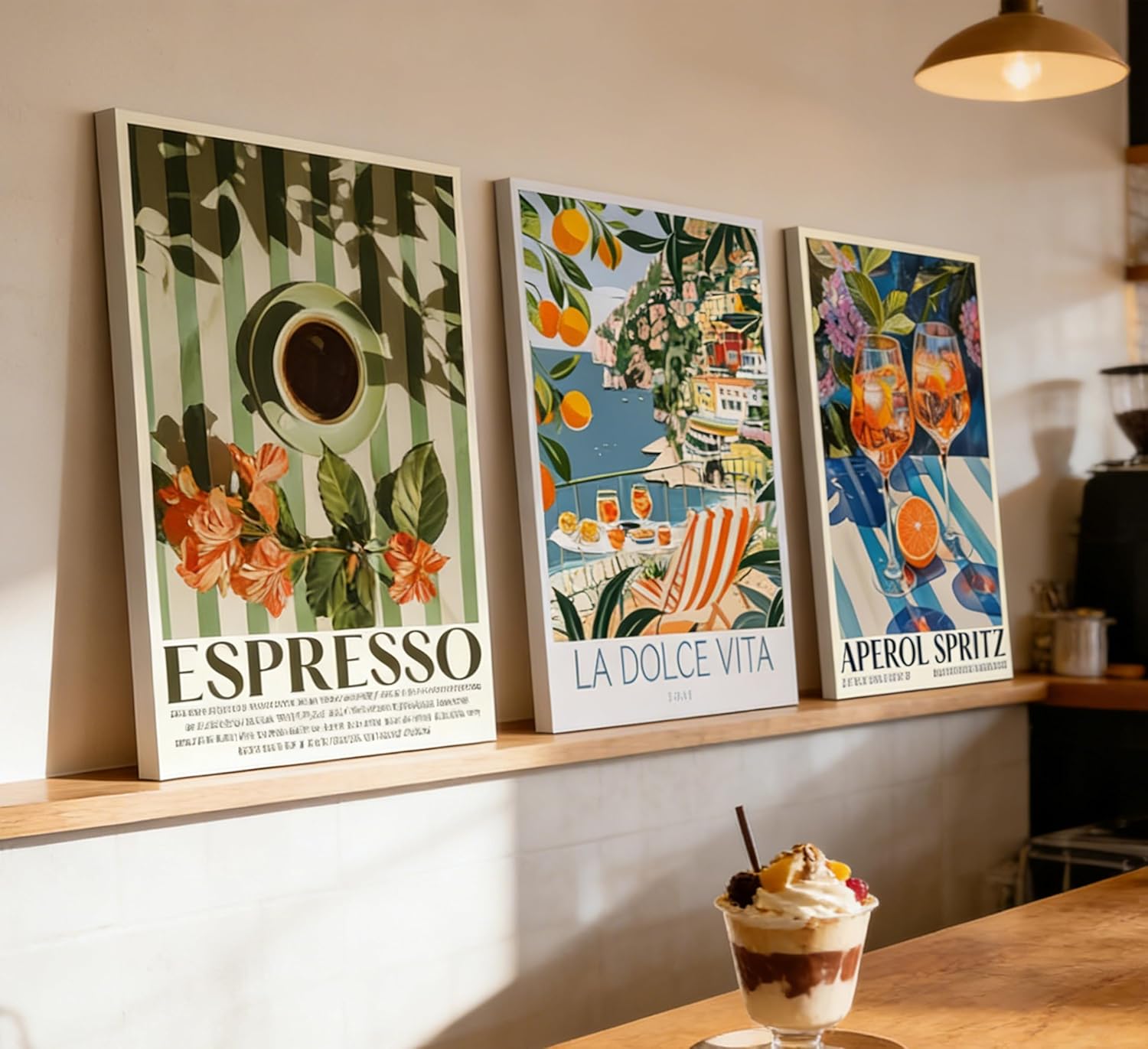 3Pcs Italy Travel Canvas Wall Art Vintage Amalfi Coast Landscape Painting Picture Wall Decor Trendy Italian Food Coffee Sparkling Wine Poster Print Artwork for Kitchen Living Room Home Decoration