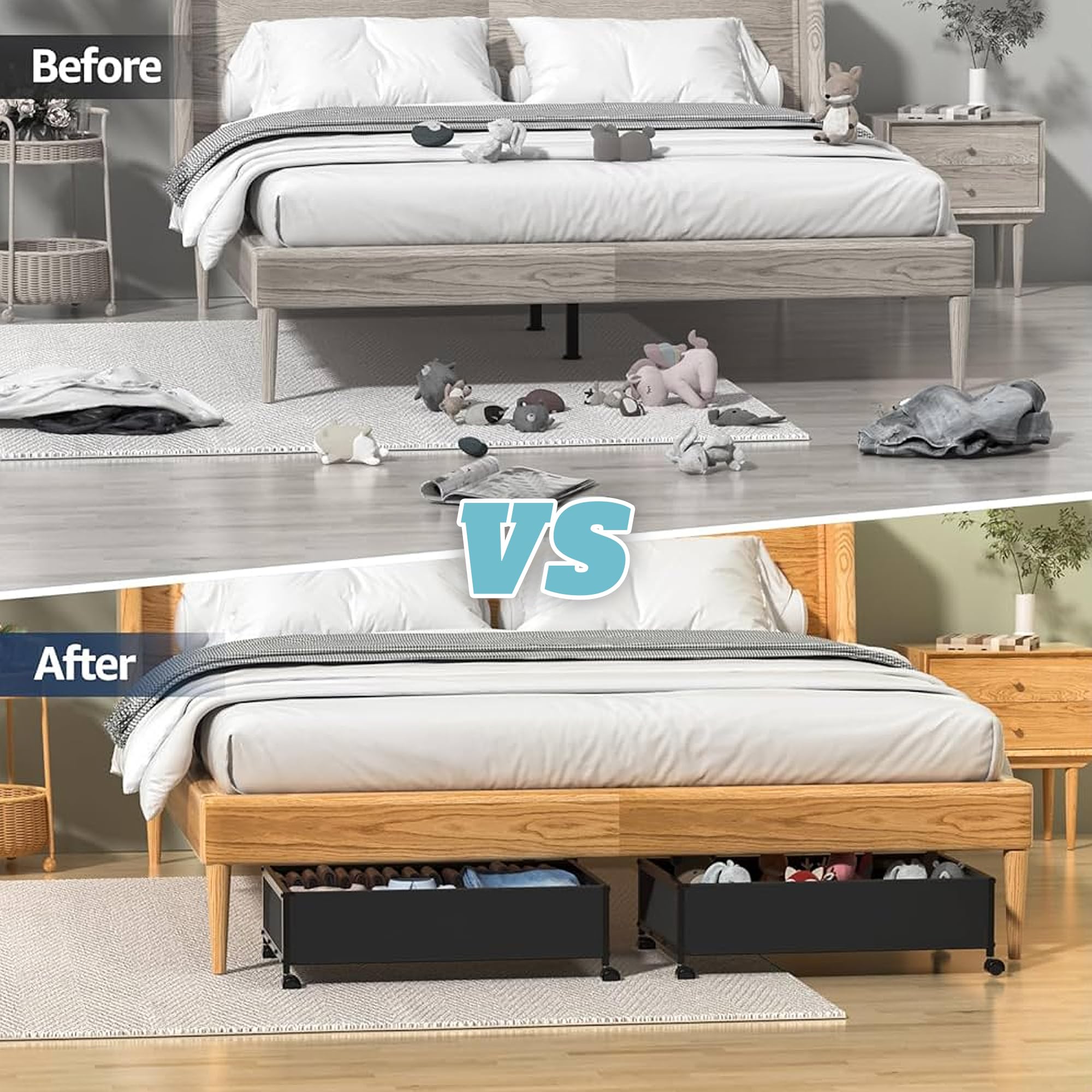 Confezione da 2 contenitori da mettere sotto il letto, con coperchio, 50 l, grandi contenitori portaoggetti con ruote in metallo, borsa portaoggetti con cerniera per vestiti, coperte