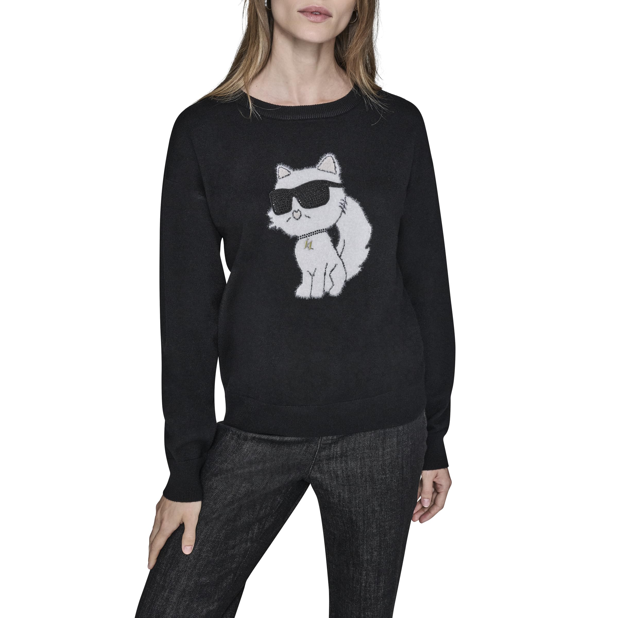 KARL LAGERFELD womens Long Sleeve Crew Neck Cool Choupette Sweater