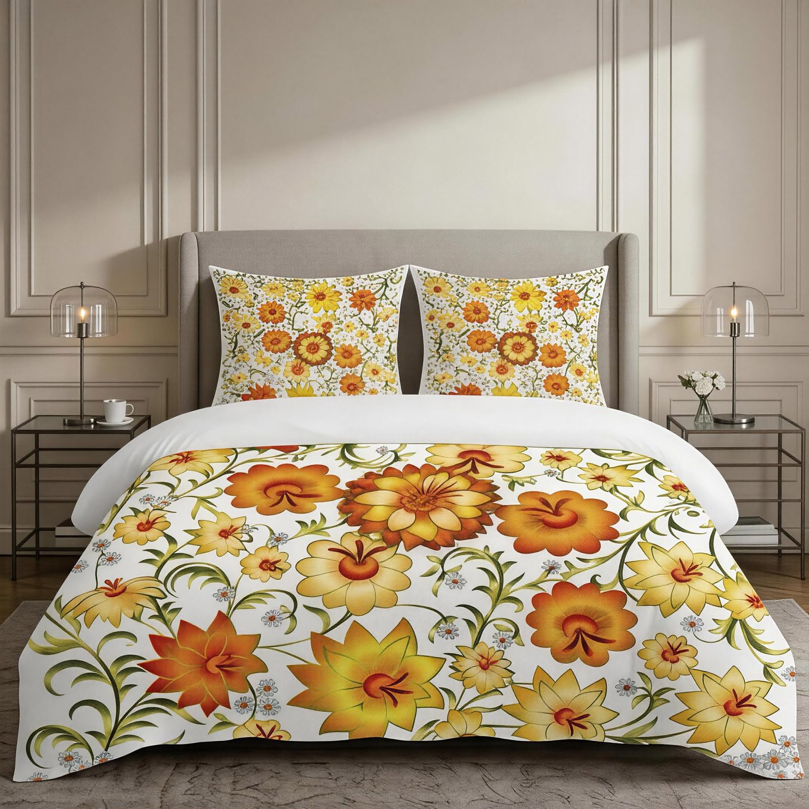 Housse de couette en microfibre premium 135x200 parure chic fleurs dorées 3D
