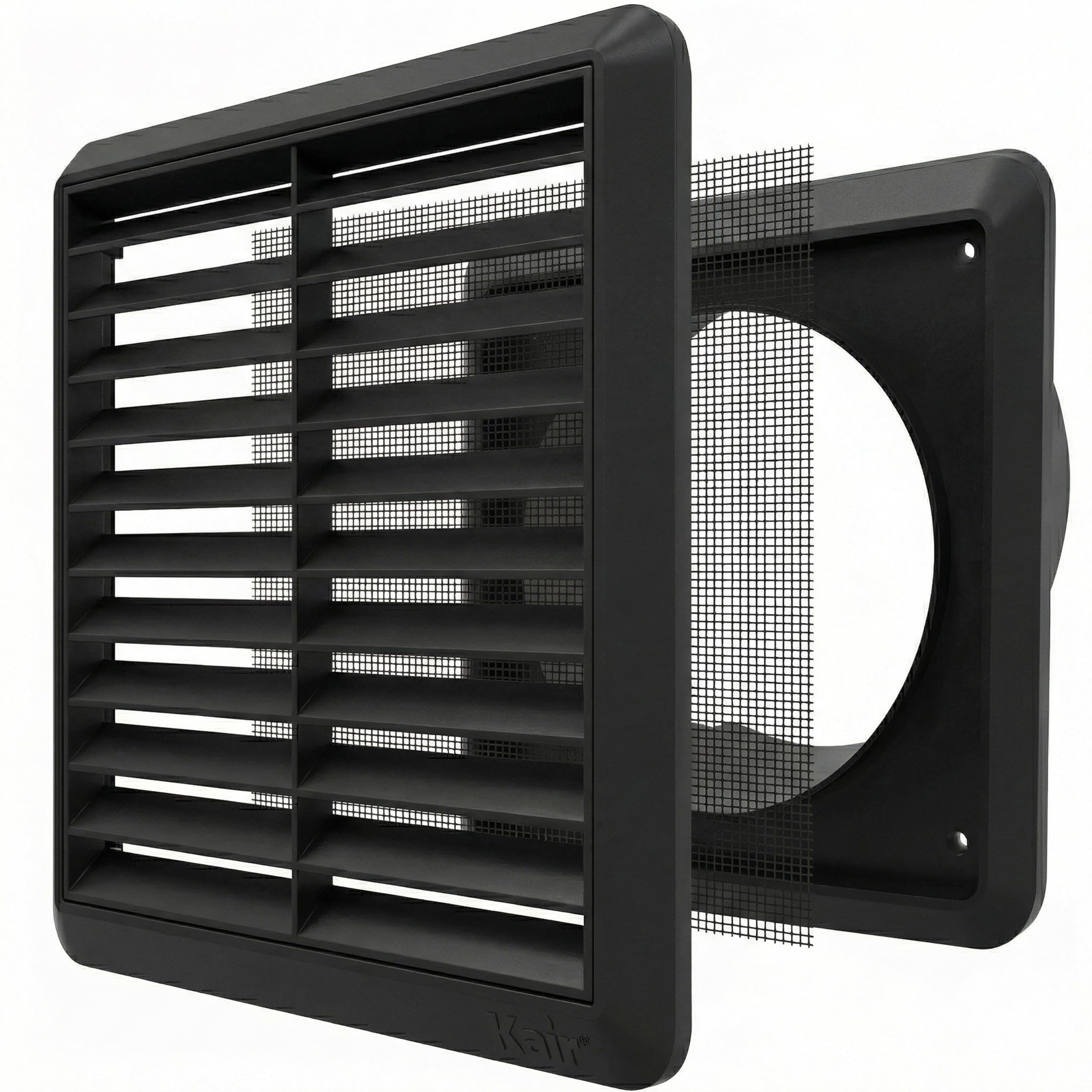 Kair Black Louvred Wall Vent Grille 155mm External Dimension with Flyscreen and Round 100mm - 4 inch Rear Spigot