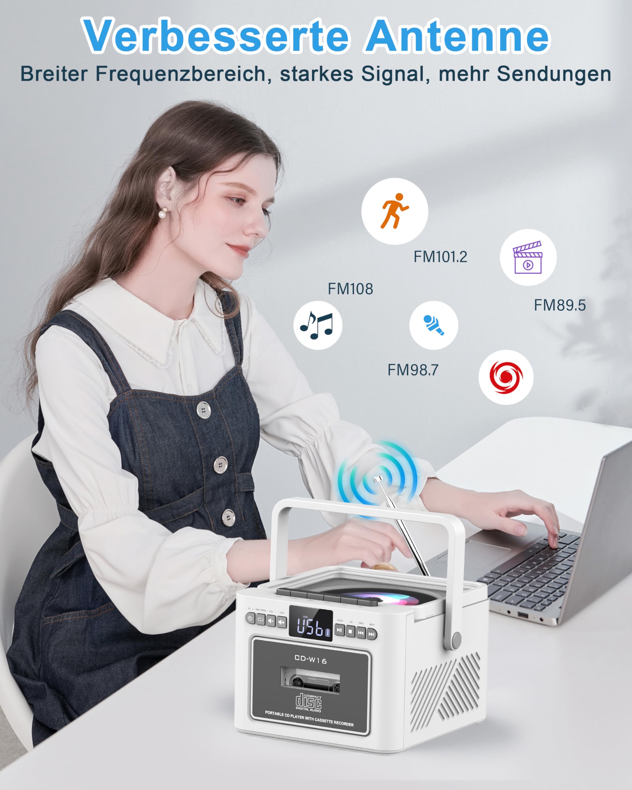 Greadio Lecteur CD Portable, Lecteur Cassette Audio, Bluetooth, Télécommande, Radio FM, AUX/USB/SD Card-in, Batterie Rechargeable 5000mAh, Haut-Parleurs 5W, écran LED (Blanc)