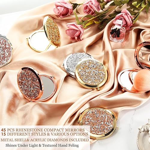 Miniatura 2 de Cindeer 45 Piezas Espejo Compacto Pequeño Plegable de Bolsillo Redondo de Maquillaje de Mano Cosmético con Aumento de 1X2X, Espejo de Rinstone para
