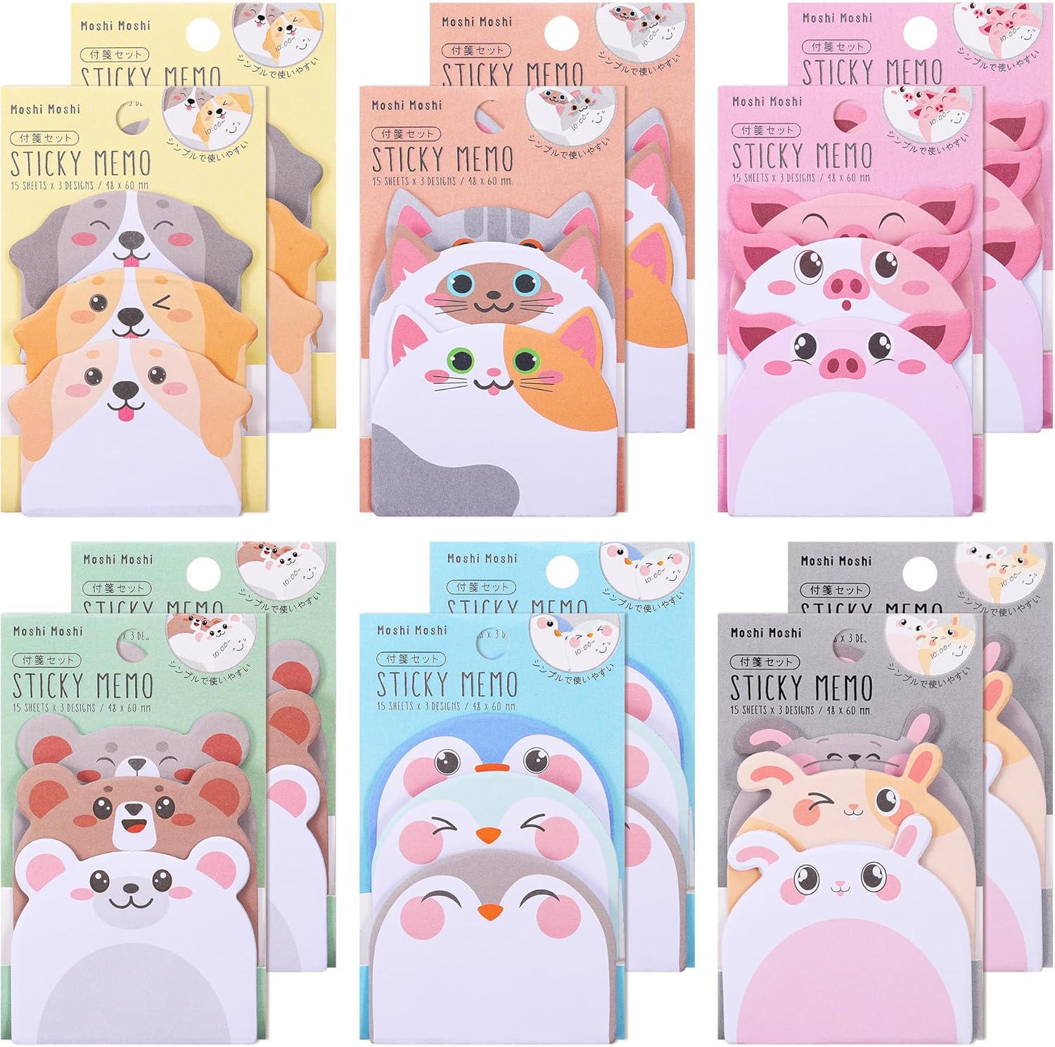 Cute Sticky Notes, 12 Pack 540 Sheets Kawaii Cartoon Sticky Notes Animals Shape Markers Flags, Cute Notepads Self-Stick Memo Pads for School Home Office