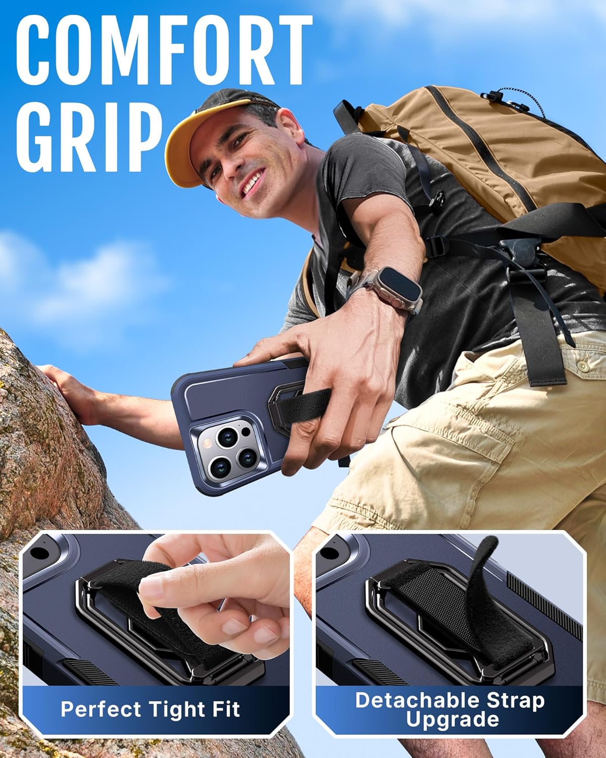 Shields Up for iPhone 15 Pro Max Case with Stand (Two-Way Stand & Finger Strap), 15 Pro Max Phone Case Phone Grip Case with Double Ring Holder, Heavy Duty Shockproof Cover, Blue - Image 3