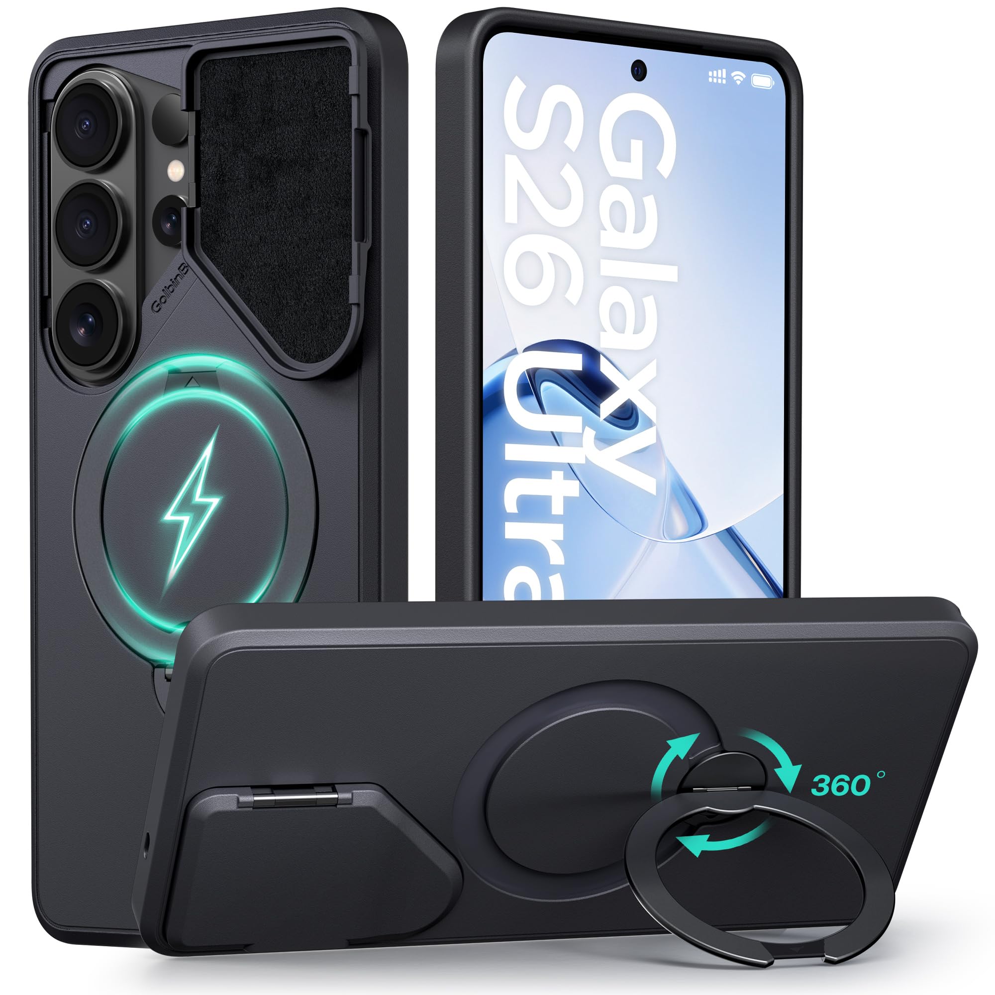 GolbinBox 360 Adjustable Magnetic Stand for Samsung Galaxy S26 Ultra Phone Case, Flip Camera Cover for Lens Privacy, Matte Anti-Slip Grip, Shockproof Protective for S26 Ultra Case, Black