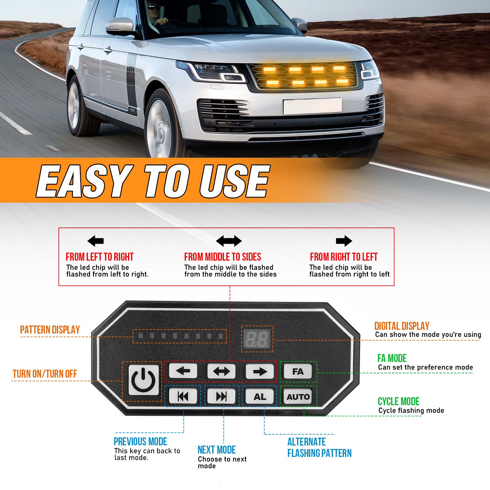 Luces estroboscópicas LED ámbar con interruptor de 9 teclas, luz LED intermitente de 24 V 12 V para vehículos, luces estroboscópicas de emergencia de advertencia de coche, barras de luz ámbar