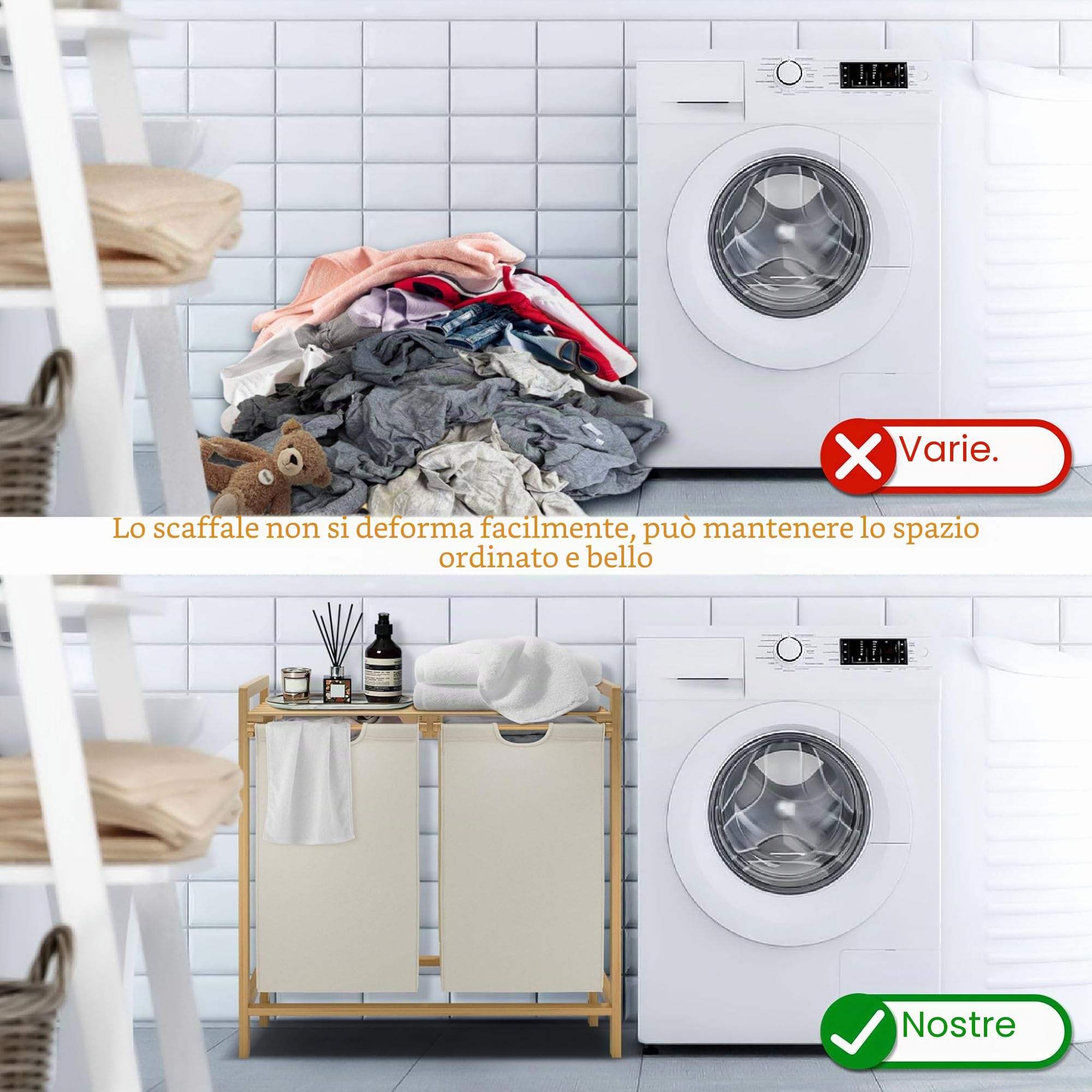 UISEBRT Cesto portabiancheria in bambù con 2 scomparti, 72 l, in tessuto Oxford, sistema di stendibiancheria rimovibile e lavabile, 73 x 64 x 33,5 cm, beige