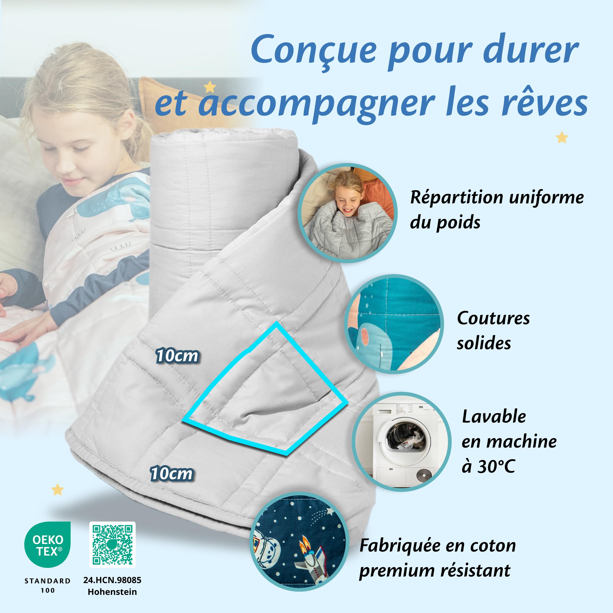 Couverture Lestée Enfant 4,5kg 100x170cm Ella - Coton Doux Et Perles De Verre