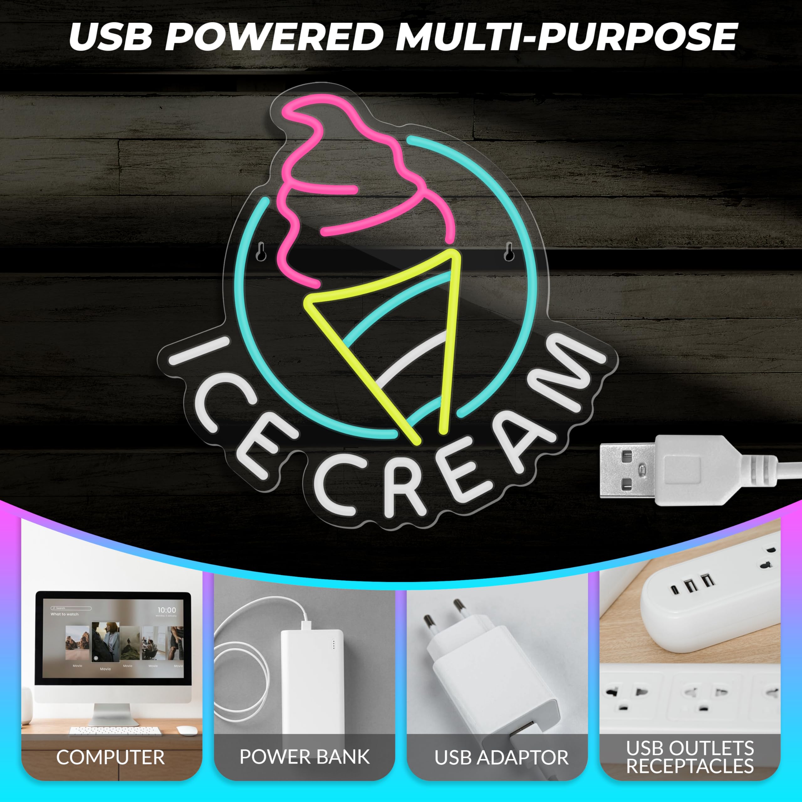 Letrero de neón de helado para decoración de pared, letrero colgante LED con alimentación por USB y interruptor regulable para furgoneta de helados, quiosco, tienda de café, supermercado, sala