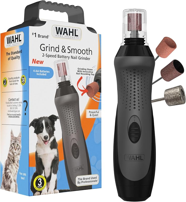 Wahl Grind & Smooth 2 Speed Battery Dog Nail Grinder, Precise Nail Grinding | Safely Grind And Smooth Dog Nails With Concave Rounding Tip & Grinding Bands, Included Nail Guard For Safety – Model 3026333