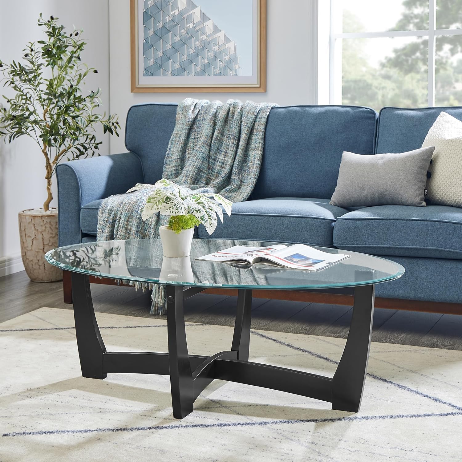 JIJIWANG Oval Glass Coffee Table, 48" Accent Center Table