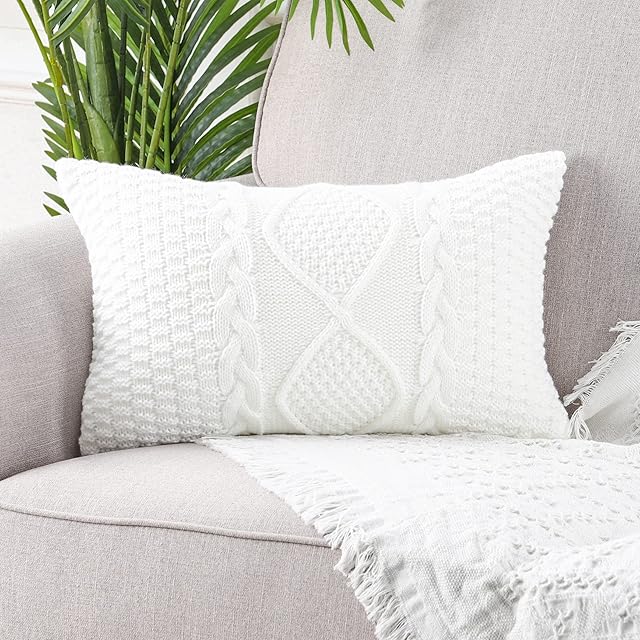 Mandioo Cotton Knitted White Decorative Lumbar Throw Pillow Covers Soft Cozy Outdoor Cushion Cases Luxury Modern Pillowcases for Couch Sofa Bed 12x20 Inches