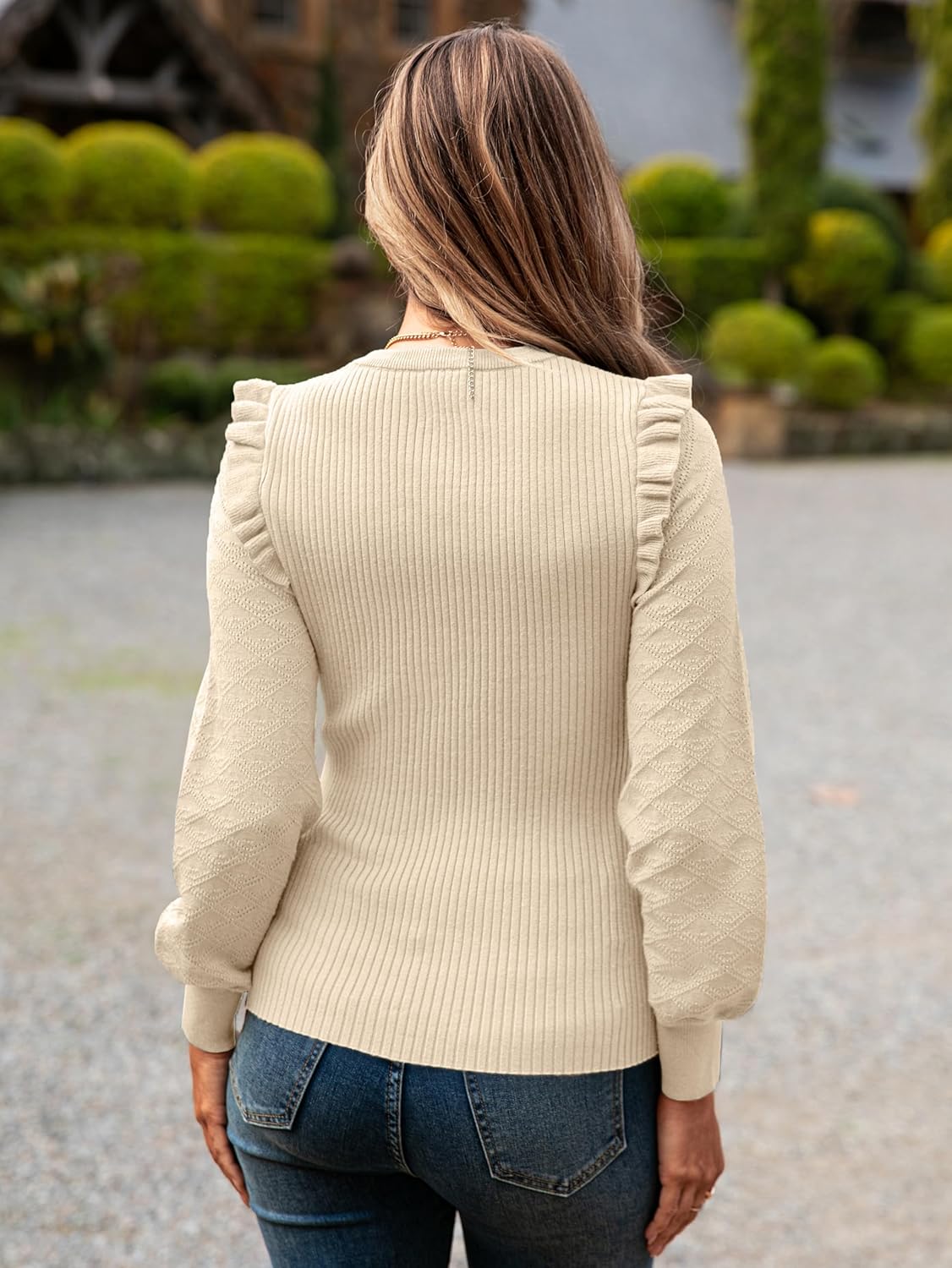 Simplee Womens Long Sleeve Sweaters Crewneck Ruffle Shoulder Fall Sweater Casual Ribbed Knit Pullover Tops 2025 - Image 6