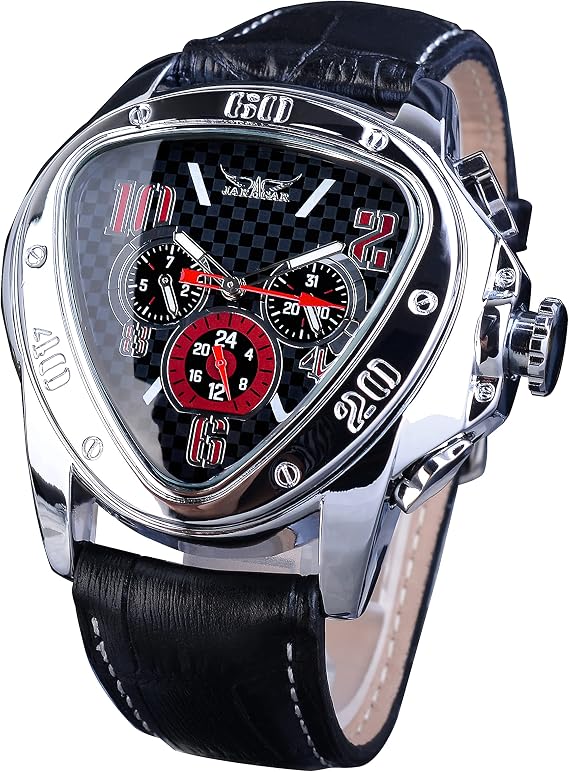 Winner Fashion Mechanical Watch Triangle Racing Dial, Waterproof Golden Skeleton Dial Automatic Movement Leather Design Mechanical Watch for Men, Black Red, Mechanical