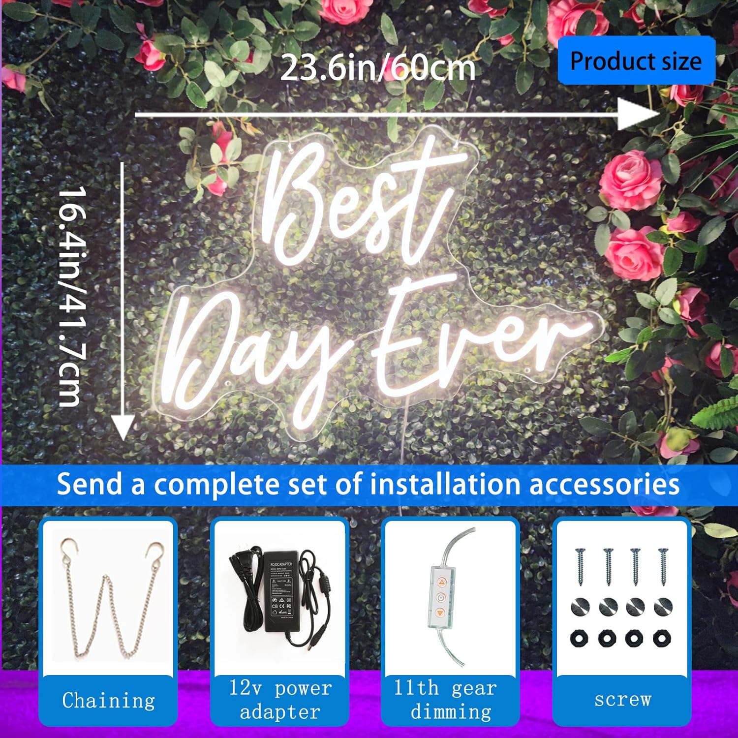 Best Day Ever Neon Sign,Led Signs,Neon Sign Weeding Neon Lights for Bar Pub Christmas,Restaurant,reception Decor White Neon Engagement Birthday Wedding Party,SIGNVIA,Size:60 * 41.7cm