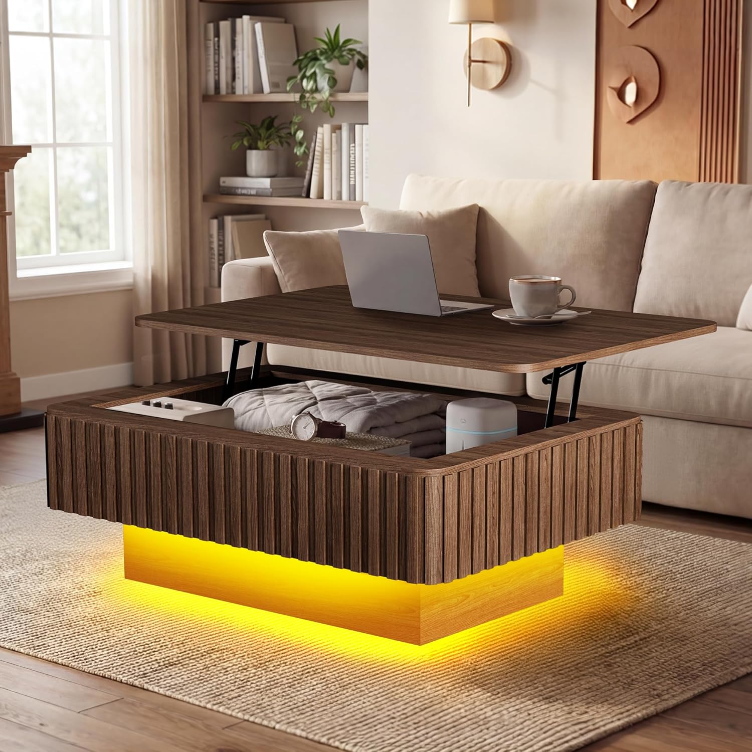 TITIMO Fluted Lift Top Coffee Table with Charging Station, Mid Century Modern Coffee Table with Hidden Storage and LED Light, Wood Dining Tables with Lifting Top for Living Room (Rectangular)