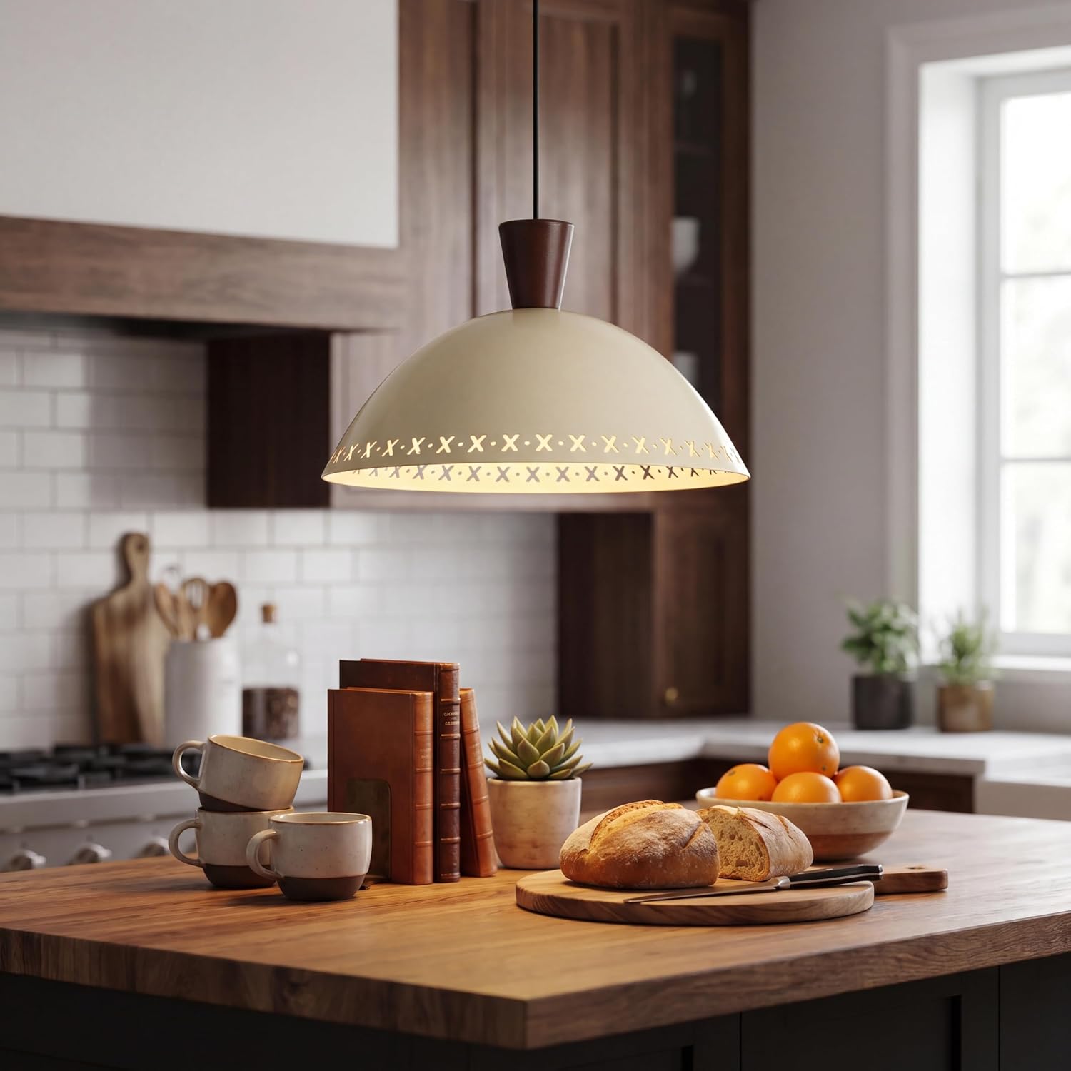 Modern Cream Pendant Light – Metal Mushroom Shade, Adjustable Height, High-CRI LED for Kitchen Island & Dining Room 1-Pack