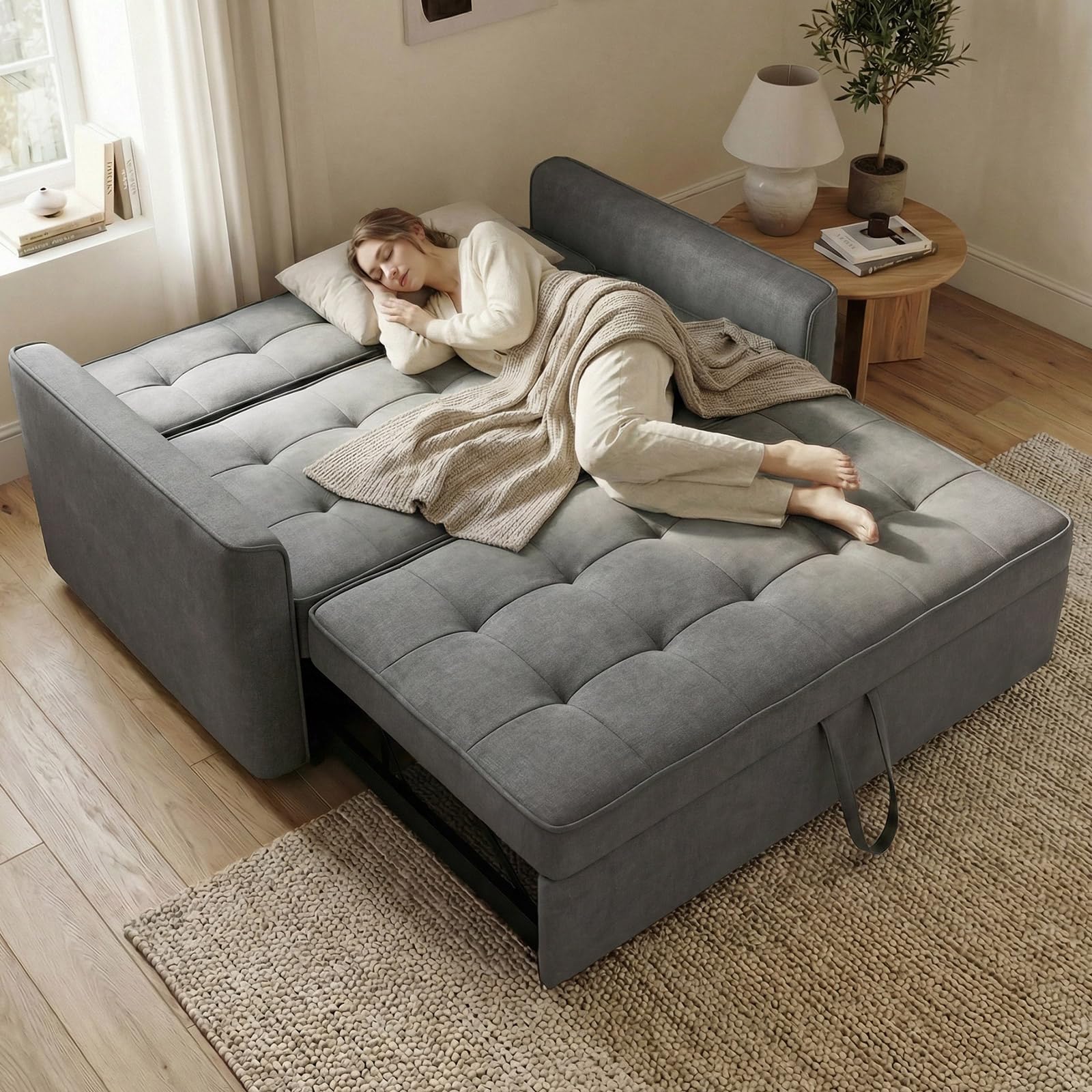 Guyii Schlafsofa 3-Sitzer Grau, Ausziehbares Sofa mit Schlaffunktion und Bettfunktion, Gepolstertes Bettsofa mit Armlehnen, Schlafcouch für Wohnzimmer, Gästezimmer, Kleine Räume