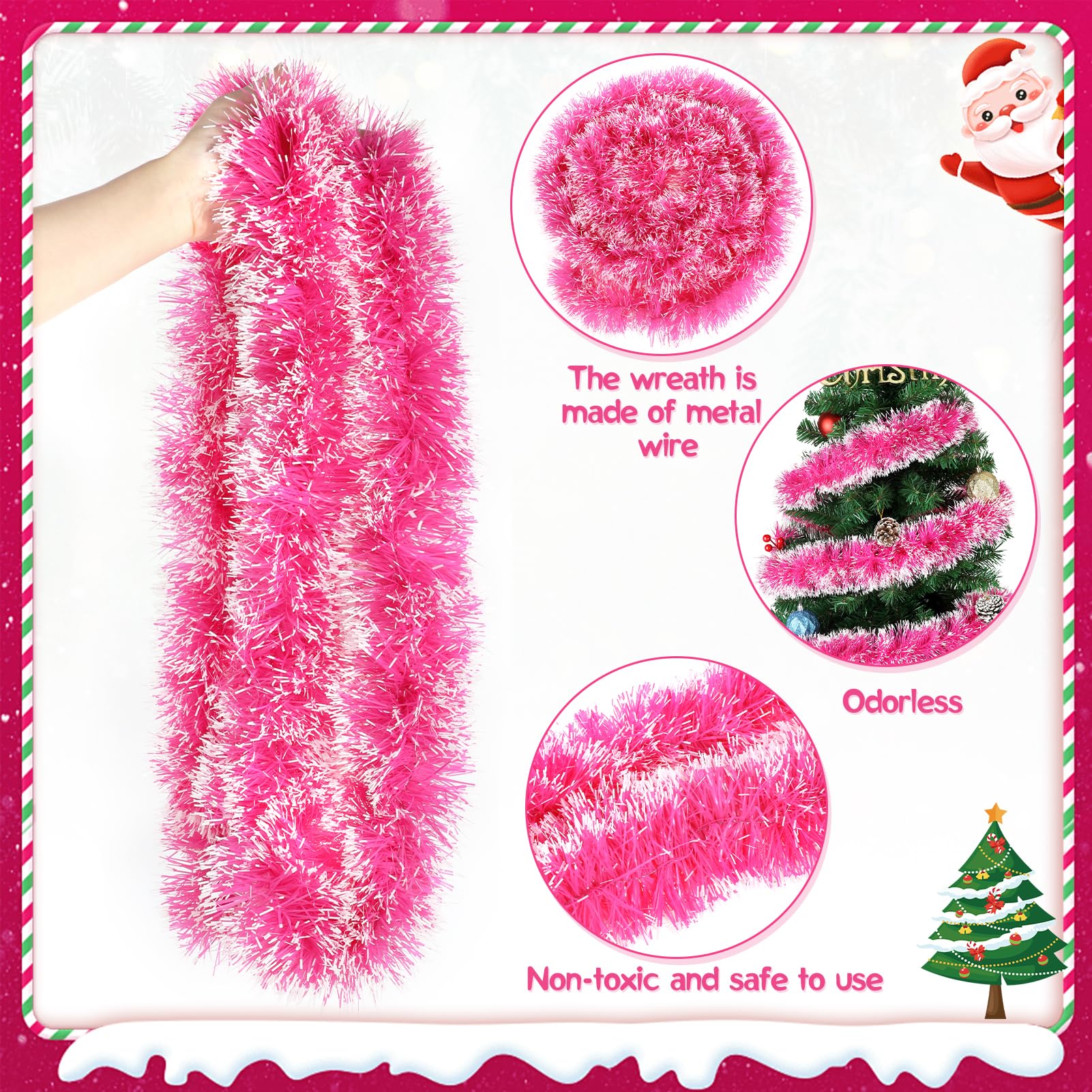 HOWAF 6Pz 12m Espumillon Arbol Navidad Rosa, Espumillon Rosa Guirnaldas Navideñas, Guirnalda Navidad Decoración, espumillón Arbol Decoración Navideña, Escalera, Chimenea, Año Nuevo