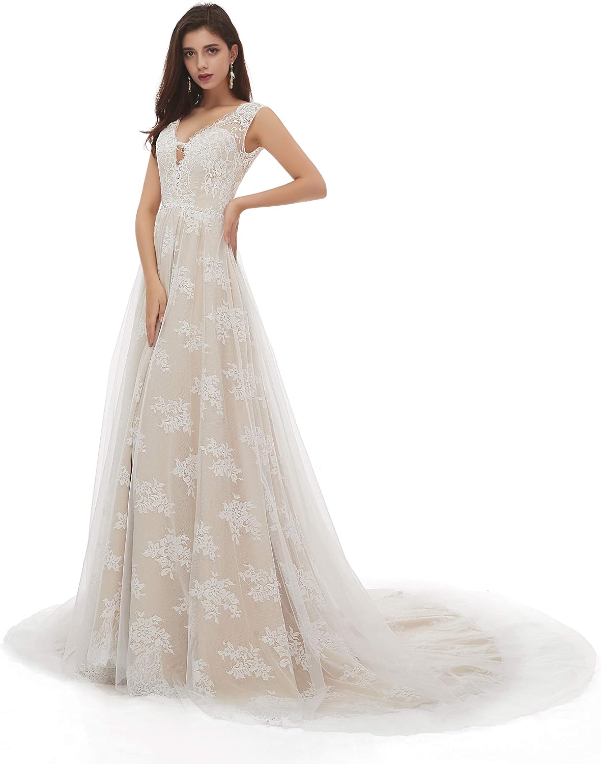 Women's Beaded Lace Appliques Tulle Beach Wedding Dress Boho Bridal Gown
