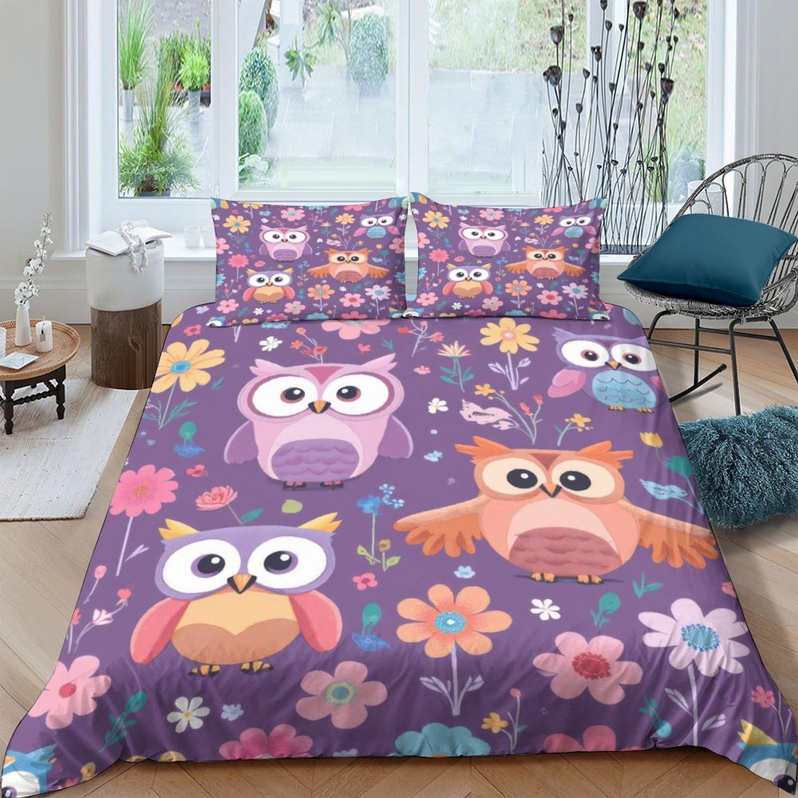 Ctjqhvkz Style-7 3D Printed Owl Floral Fitted Sheet Microfiber Soft Purple Cartoon Bird Bed Cover For Bedroom Guest Room Dorm Decor Single（135X200cm）
