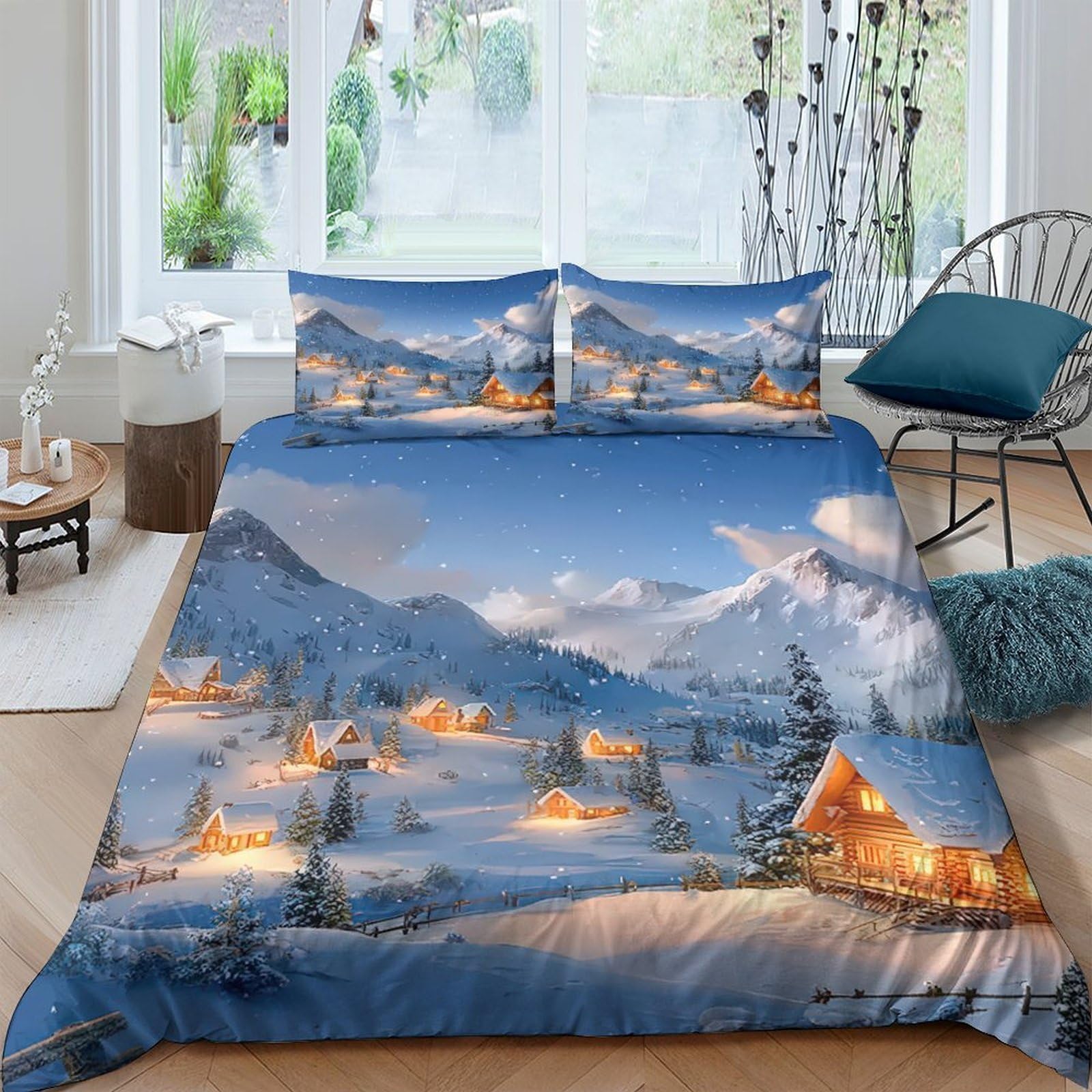GPLZQXKJNH 3D Printed Winter Village Duvet Cover Microfiber Soft Breathable Mountain Landscape Bedding Set with 2 Pillowcases for Bedroom Decor Single（135x200cm）