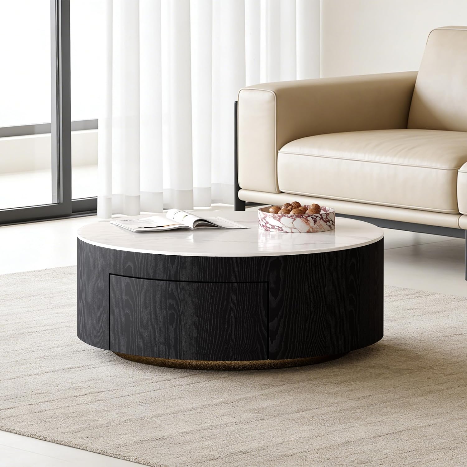 Round Coffee Table with Storage,Modern Sintered Stone & Solid Wood Center Table,Black and White Coffee Tables for Living Room,Apartment【Black,31.5"】