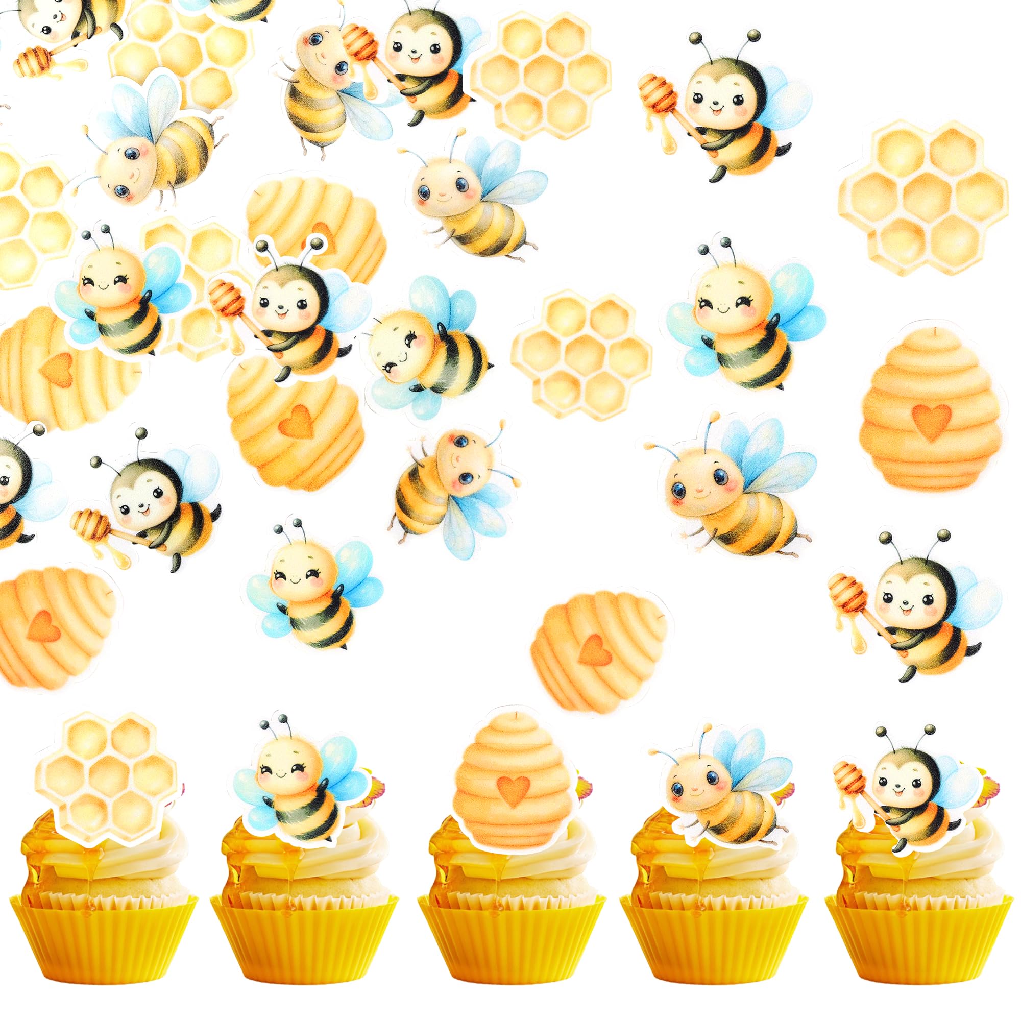 SYKYCTCY 60 Pack Edible Bumble Bee Cupcake Toppers Waper Paper Honey Bee Cake Decorations Edible Oh Babee Cupcake Picks for Bee Theme Baby Shower Birthday Party Food Decorations Supplies