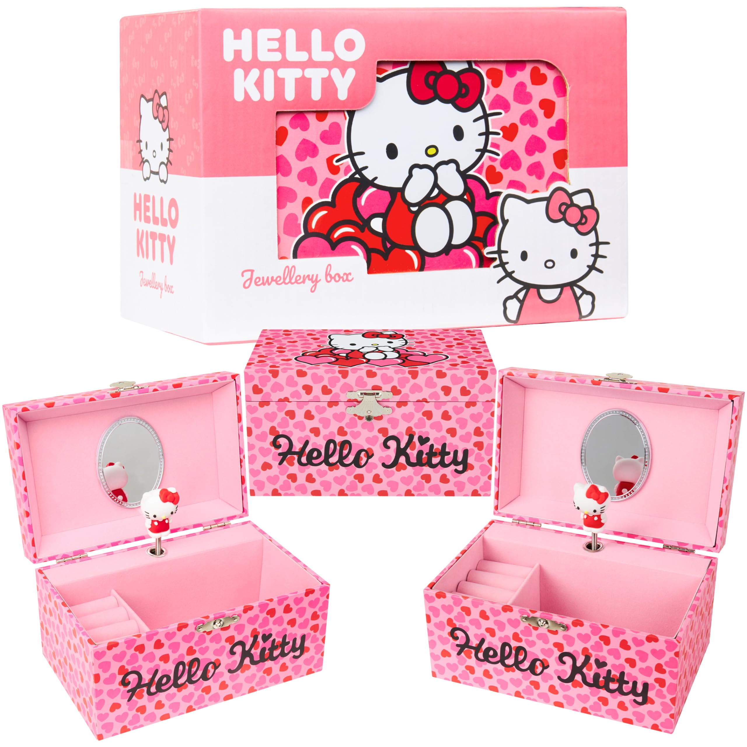 Hello Kitty Sanrio Musical Jewellery Box Girls Gift Ideas Tweens Kawaii Bedroom Decor Kuromi Wind Up Music Box Mirror Storage Drawers Anime Gifts for Her (Pink