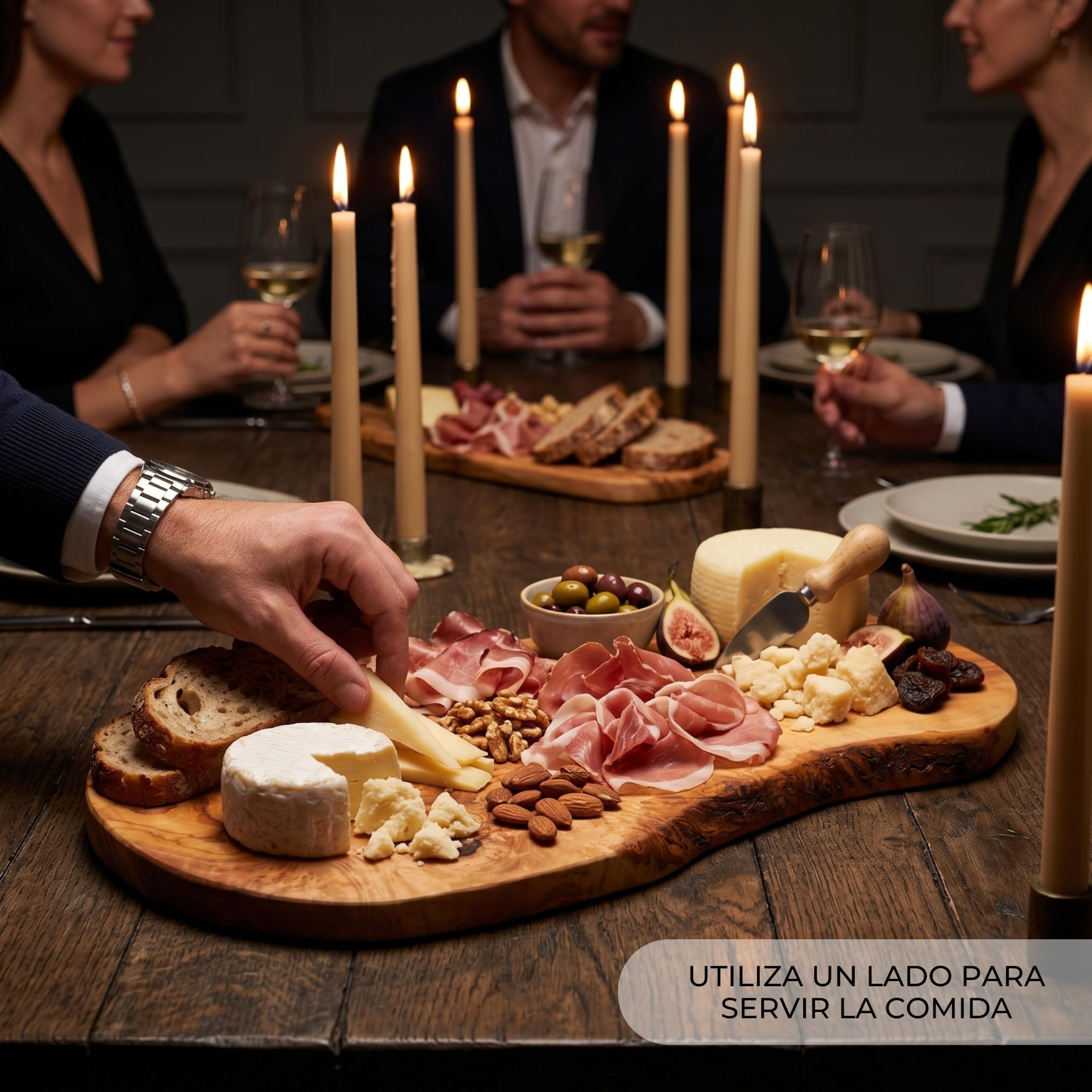 Erreke Tabla de Madera de Olivo Natural para Cortar y Servir, 43 x 21 cm | Tabla Madera Cocina. Reversible y Artesanal para Servir y Picar Quesos Embutidos Pan. Estilo Mediterráneo Rústico. Uso Diario