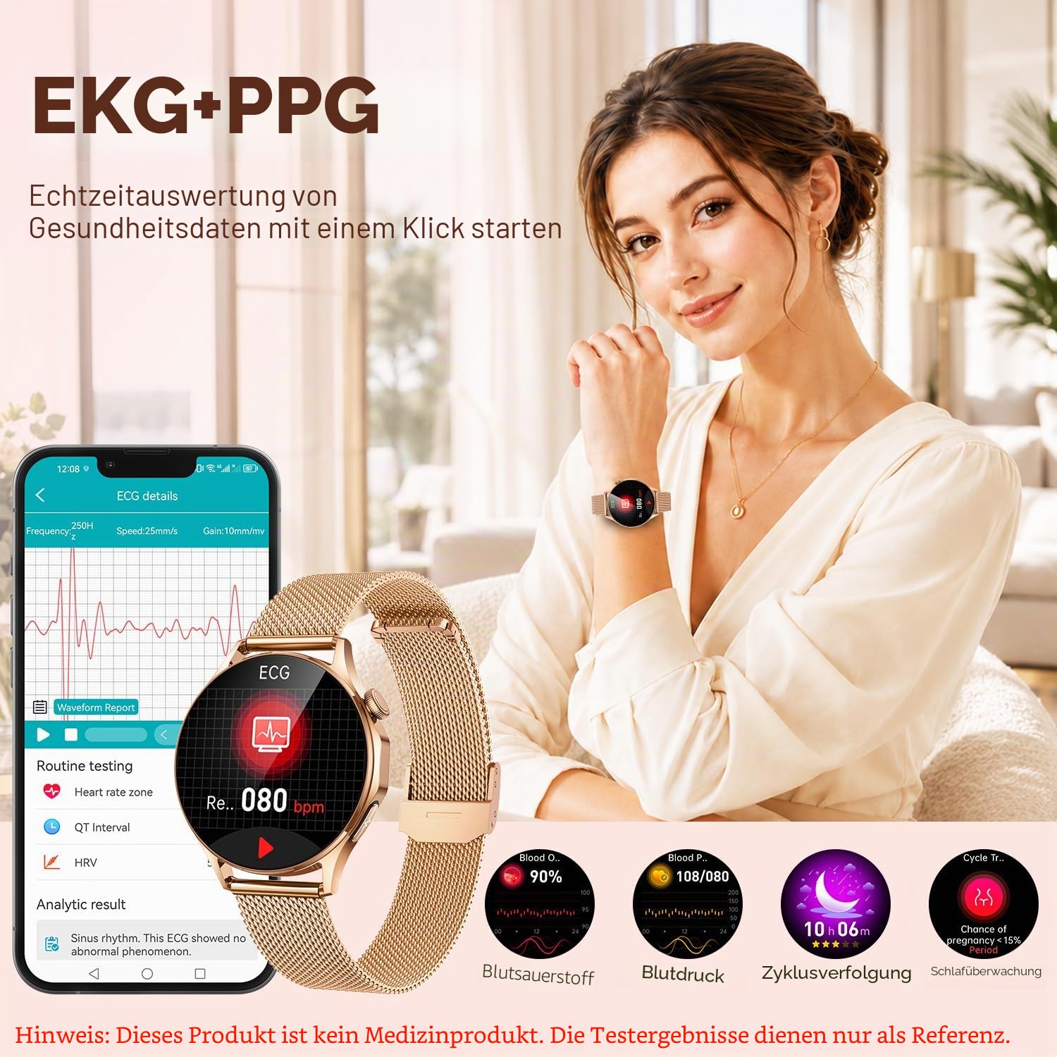 Smartwatch Damen mit EKG HRV Blutdruck: Damenuhr ECG PPG Smart Watch Uhr 1,32" Rund AMOLED Armbanduhr IP67 Wasserdicht Herzfrequenz Schrittzähler Telefonfunktion Digital Fitnessuhr für Android iOS