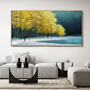 KLAKLA Large Wall Art - Yellow Bedroom Birch Tree Valley Snowy Forest Wild Lakes Landscape Canvas Pictures Wall Decoration for Living Room Office Home Decor - 58x29 Inches