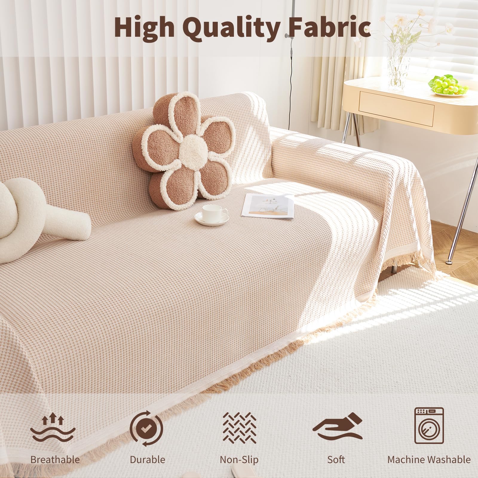 Funda Sofa,Funda Sofá Gofre Color Sólido, Cubre Sofa Chaise Longue, Funda de sofá Lavable para Todas Las Estaciones 180 * 300cm-Caqui