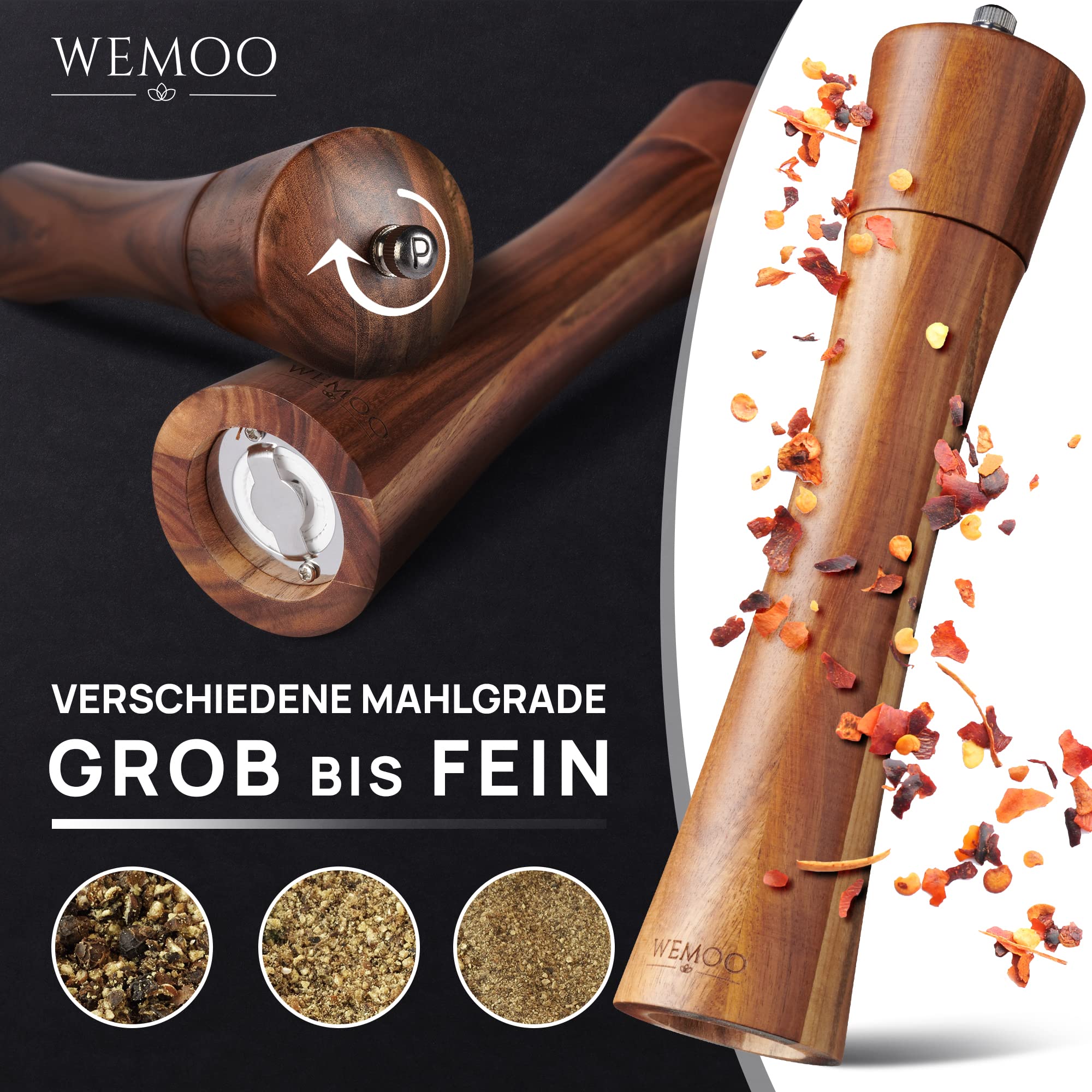 Młynek do soli i pieprzu z drewna, bardzo duży (25,5 cm), młynek do przypraw z wytrzymałym ceramicznym mechanizmem mielącym, dodatkowa łyżka do napełniania i pędzel do czyszczenia, zestaw z