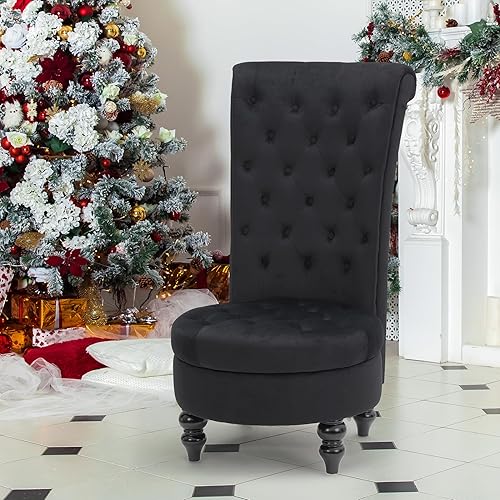 Avawing - Silla decorativa de respaldo alto, estilo retro, sin brazos, para dormitorio o sala de estar, con asiento profundo y patas de madera