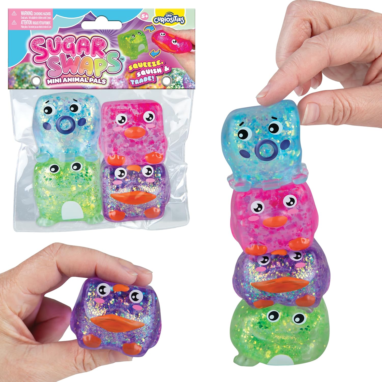 ORB Sugar Swaps Mini Animal Pals Squishy Toys 4 Pack - 4 Cute Square Shaped Animal Squishies to Stretch, Squeeze, Collect, Trade - Fun Stress Relief and Squishy Fidget Animals Set for Kids and Adults