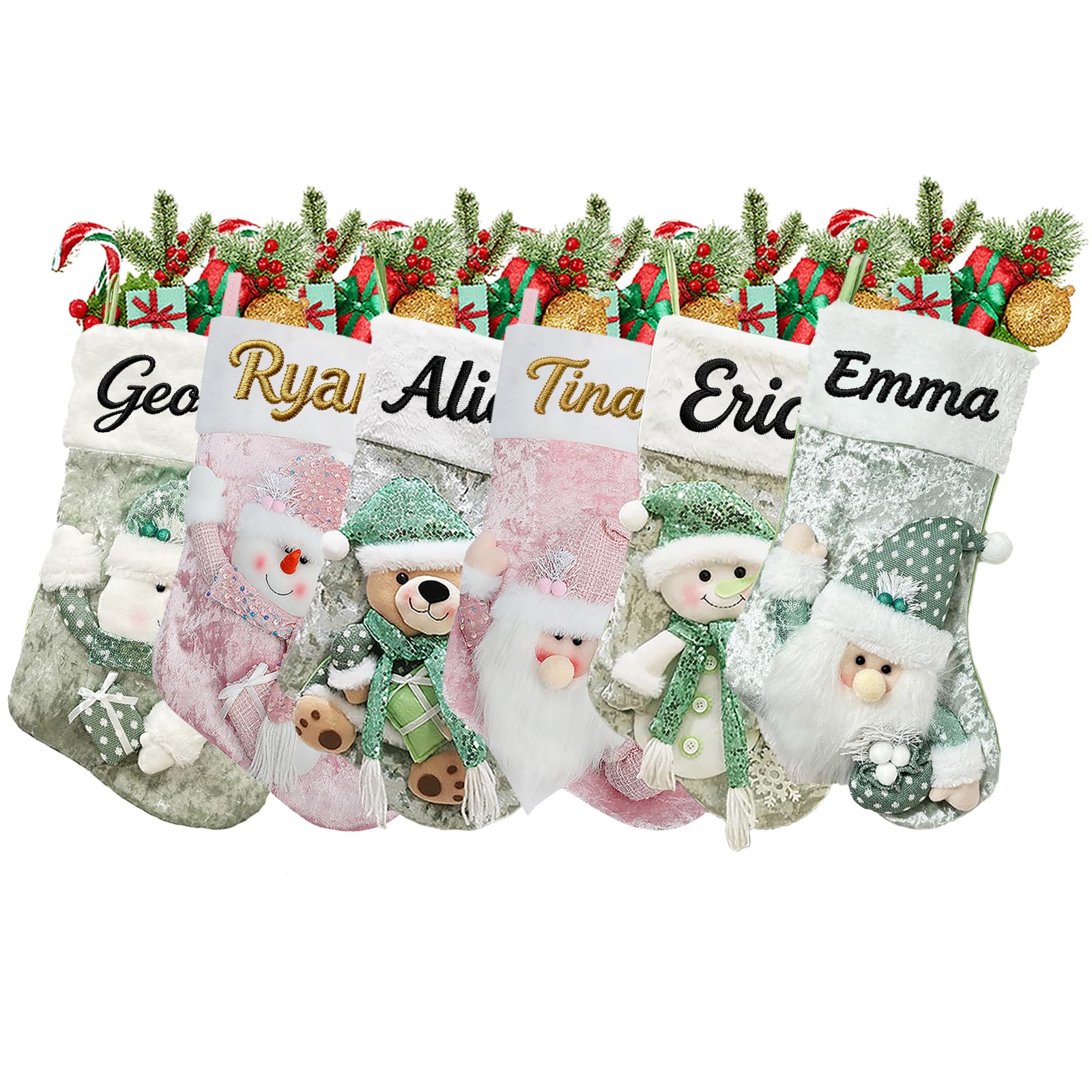 Personalised Christmas Stockings with Embroidered Name,Custom Xmas Character Stocking Santa Claus Snowman Reindeer,18 inch Large Pink and Green Sequins Xmas Stocking Decoration(Style 8-2 Pack) — image 1