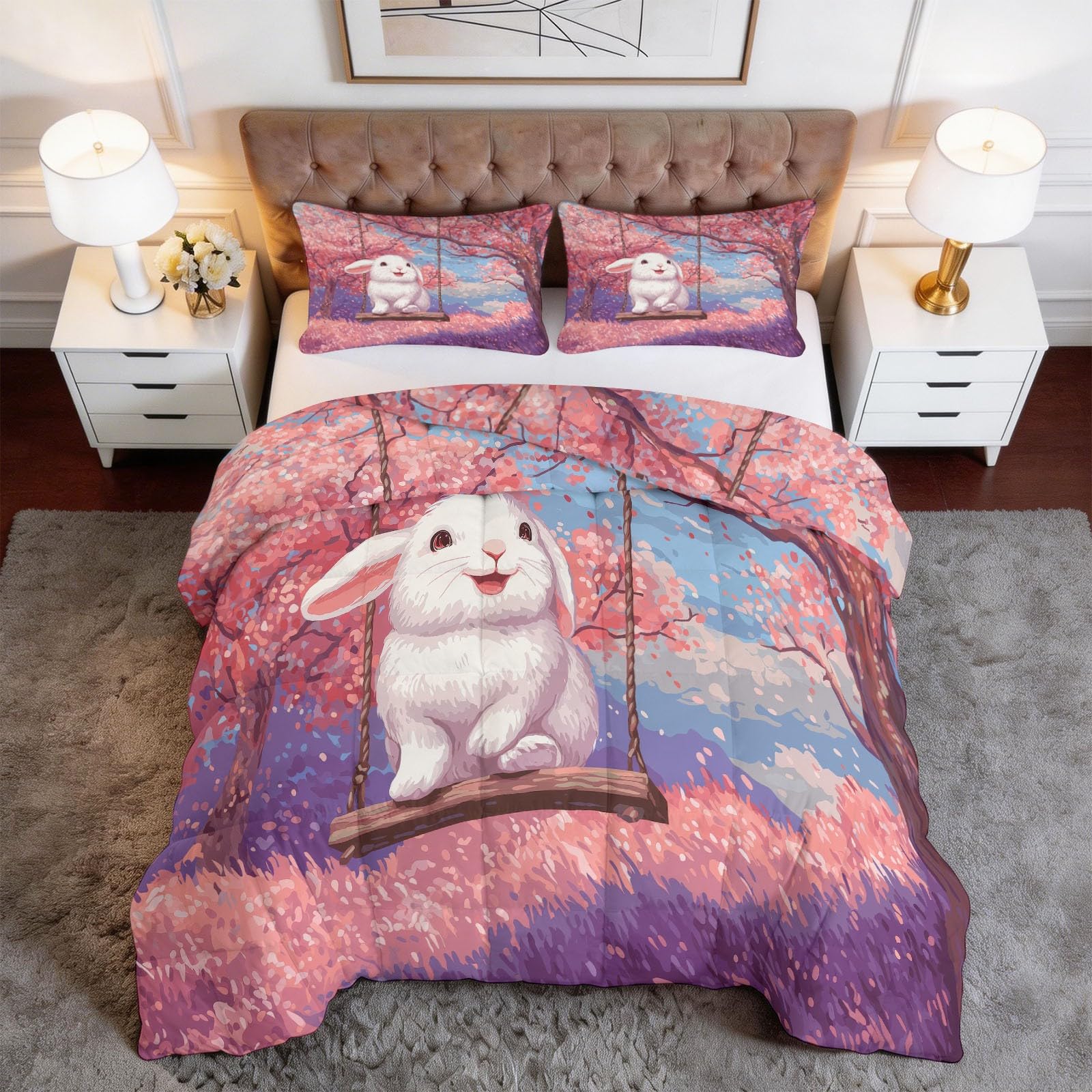 Tier Schaukel Weißes Kaninchen Kirschblütenbaum Bettdecke 135 x 200 cm 4 Jahreszeiten Steppdecke, Anime-Stil Waschbare Kinder Kleines Mädchen Bettwaren Set Kinderzimmer Babyzimmer Bettdecke Ohne Bezug