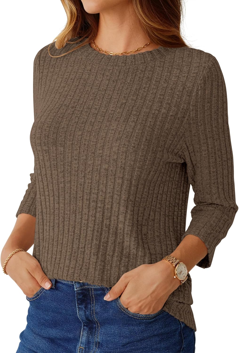 NORACORA Womens 3/4 Sleeve Sweater Tops Round Neck Tunic Blouses Dressy Pullover T Shirts for Business Casual Work - Image 2