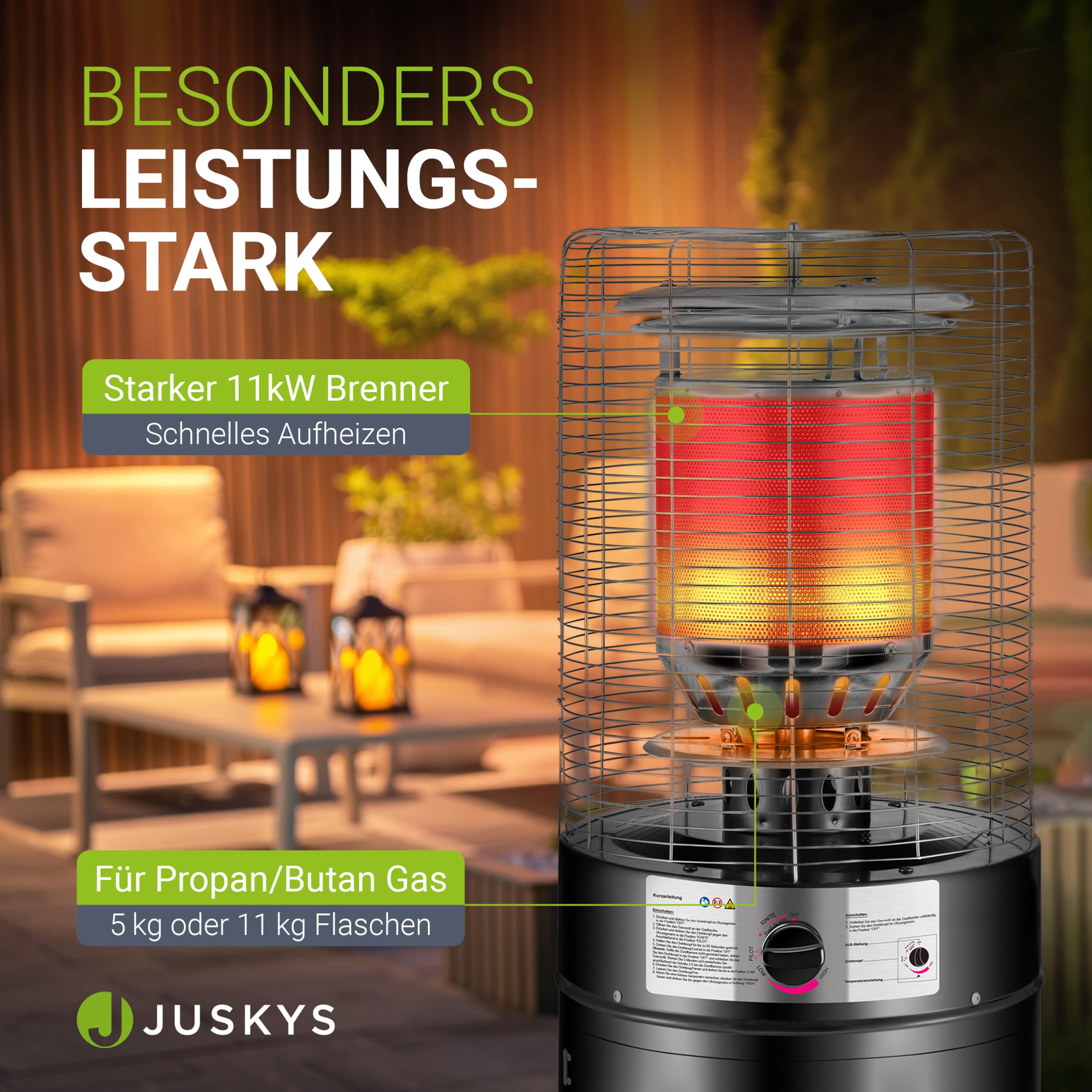 Juskys® Outdoor Heizstrahler Cuna mit 11 kW Gas-Brenner - Heizpilz Terrassenheizer mit Gas für Terrasse Balkon und Garten - für 5 und 11 kg Gasflaschen