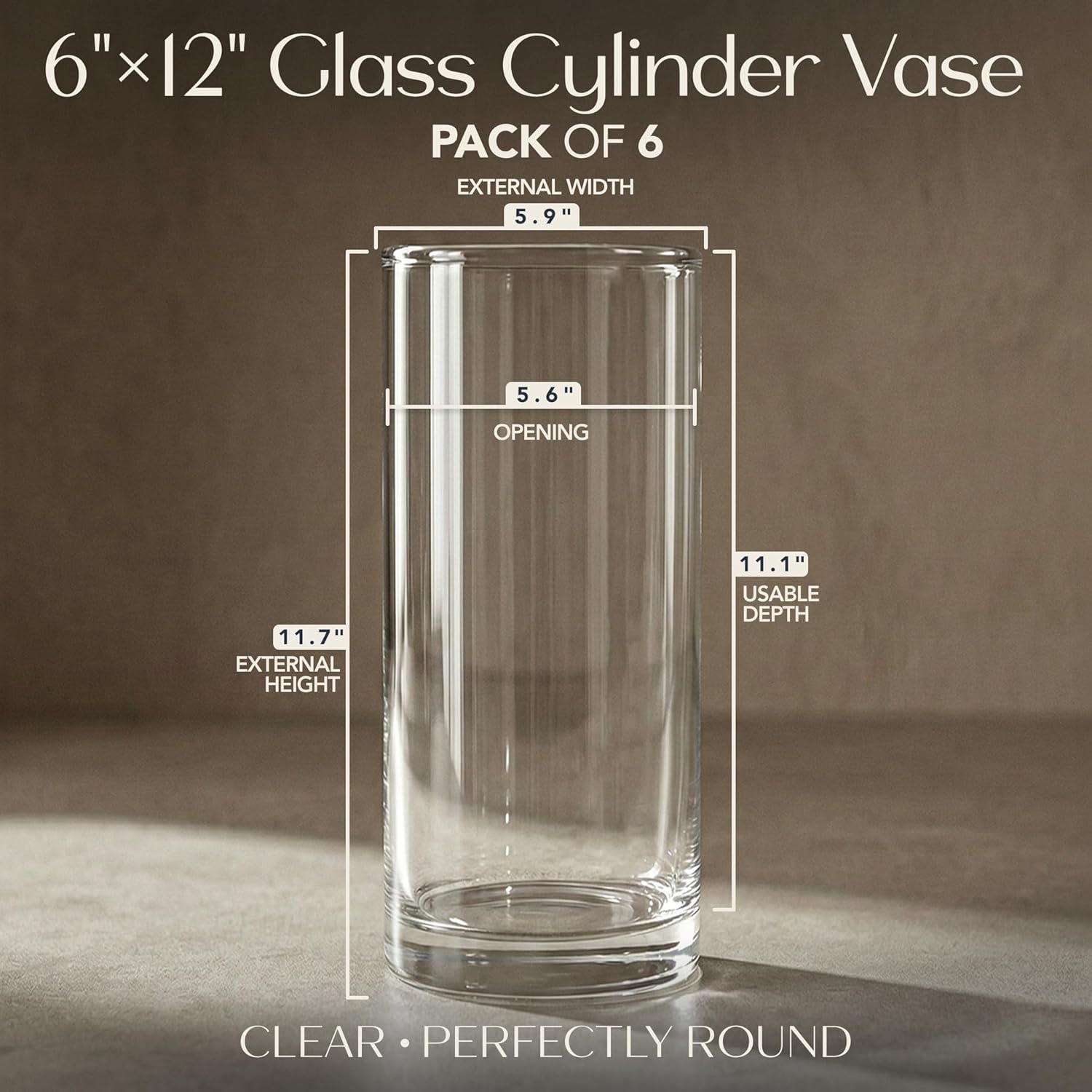 Glass Cylinder Flower Vase Centerpieces for Tables 6"x 12" Tall (11.1" Usable Depth) Set of 6- Glass Vase Candle Holders Wedding Decor Vases for Centerpieces, Home & Event Decorations - Royal Imports