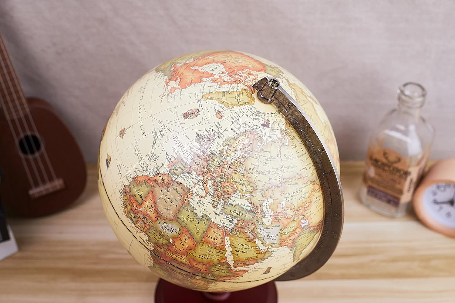 ANNOVA Antique Globe 10" / 25 cm Diameter with A Wood Base, Vintage Decorative Political Desktop World - Rotating Full Earth Geography Educational - Kids, Adults, School, Home, Office (Dia 10-inch)
