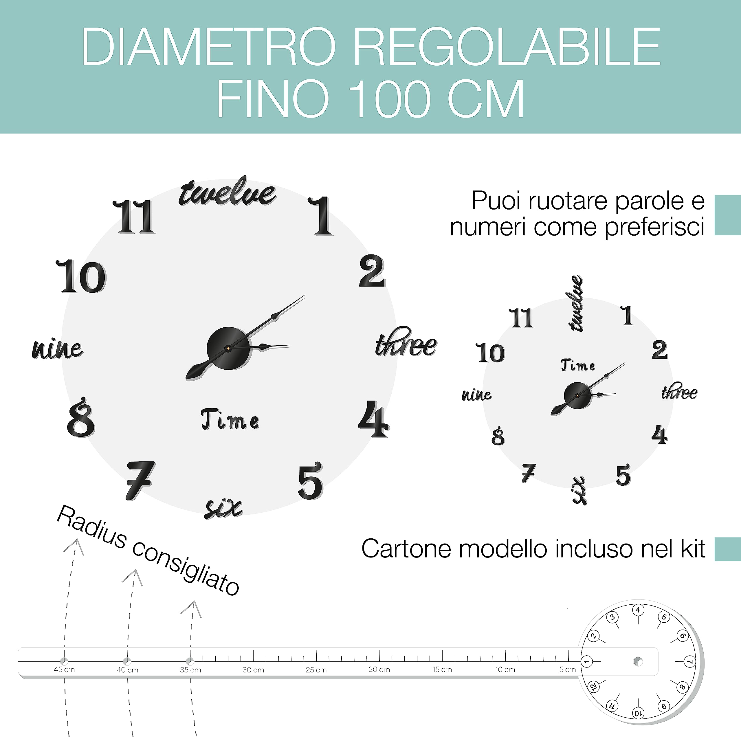 Orologio da Parete Moderno Adesivo con Diametro Regolabile fino a 100cm - Orologio da Muro Grande Silenzioso e Facile da Montare - Ideale per Casa Soggiorno Camera da Letto Ufficio