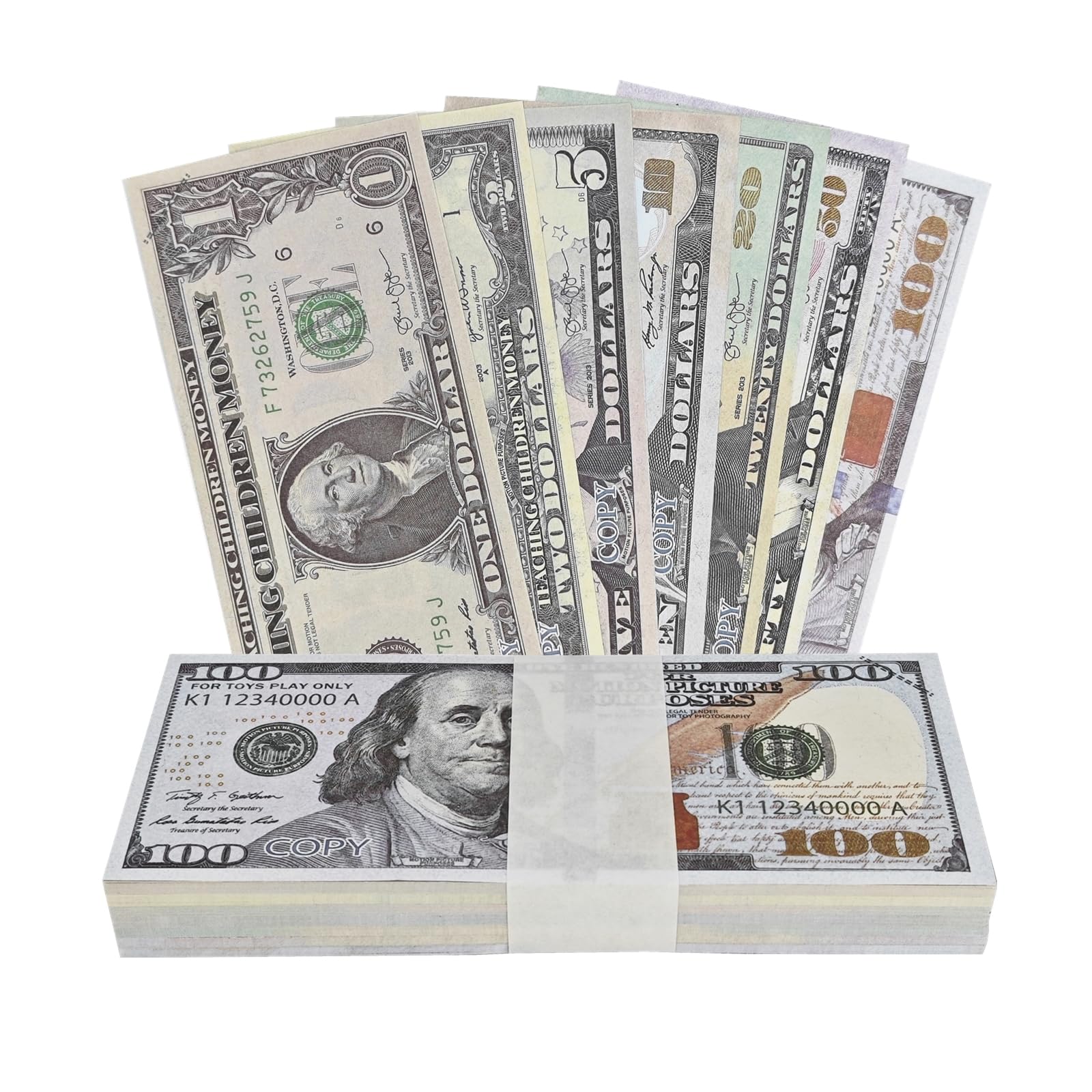 140 Pieces Prop Money Play Money Set, Fake Money for Pretend Play, Number, 20 Pieces per Denomination