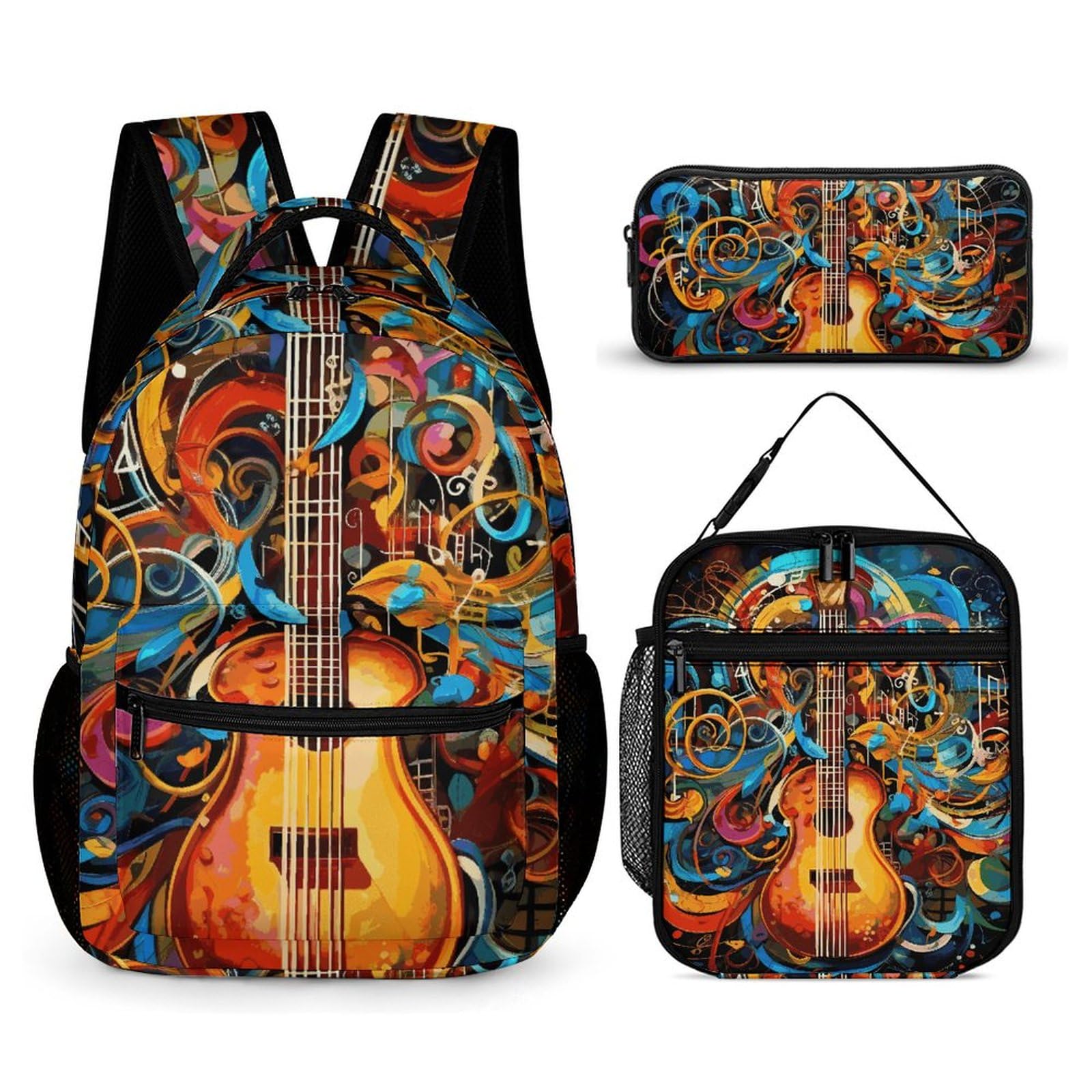 3-teiliges Rucksack-Set, Musik-Serie, Reisetasche, tragbar, lässig, Tagesrucksack, Sport-Rucksäcke mit Lunchbox, Federmäppchen, Musik-Serie, Einheitsgröße, Rucksackrucksäcke, Musik-Serie,