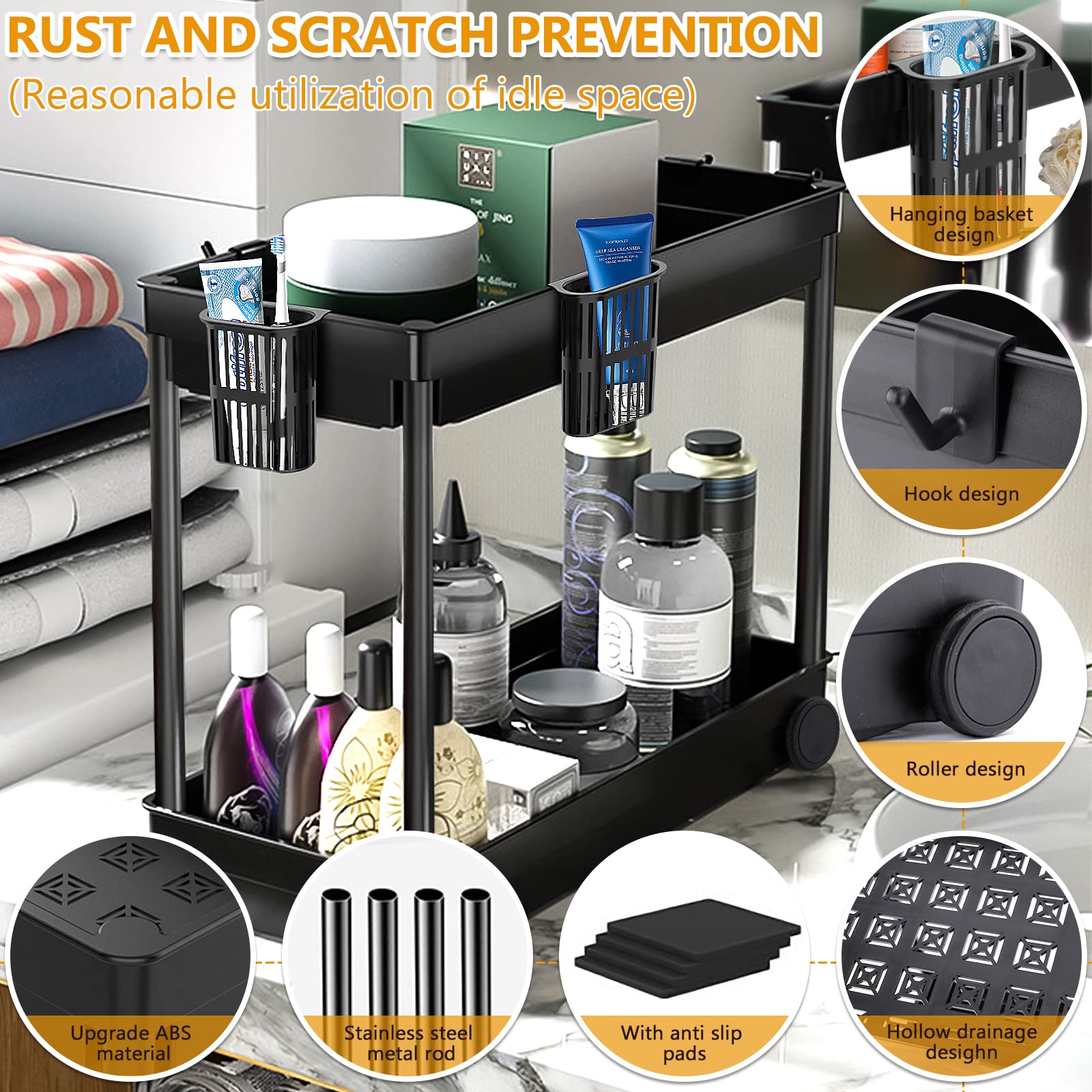 2 pezzi Organizer Sottolavello Cucina,Organizzatore sotto il lavandino a 2 livelli con 8 Ganci e 4 Tazza appesa porta detersivi sottolavello ripiani cucina salvaspazio Cucina Bagno Cosmetici
