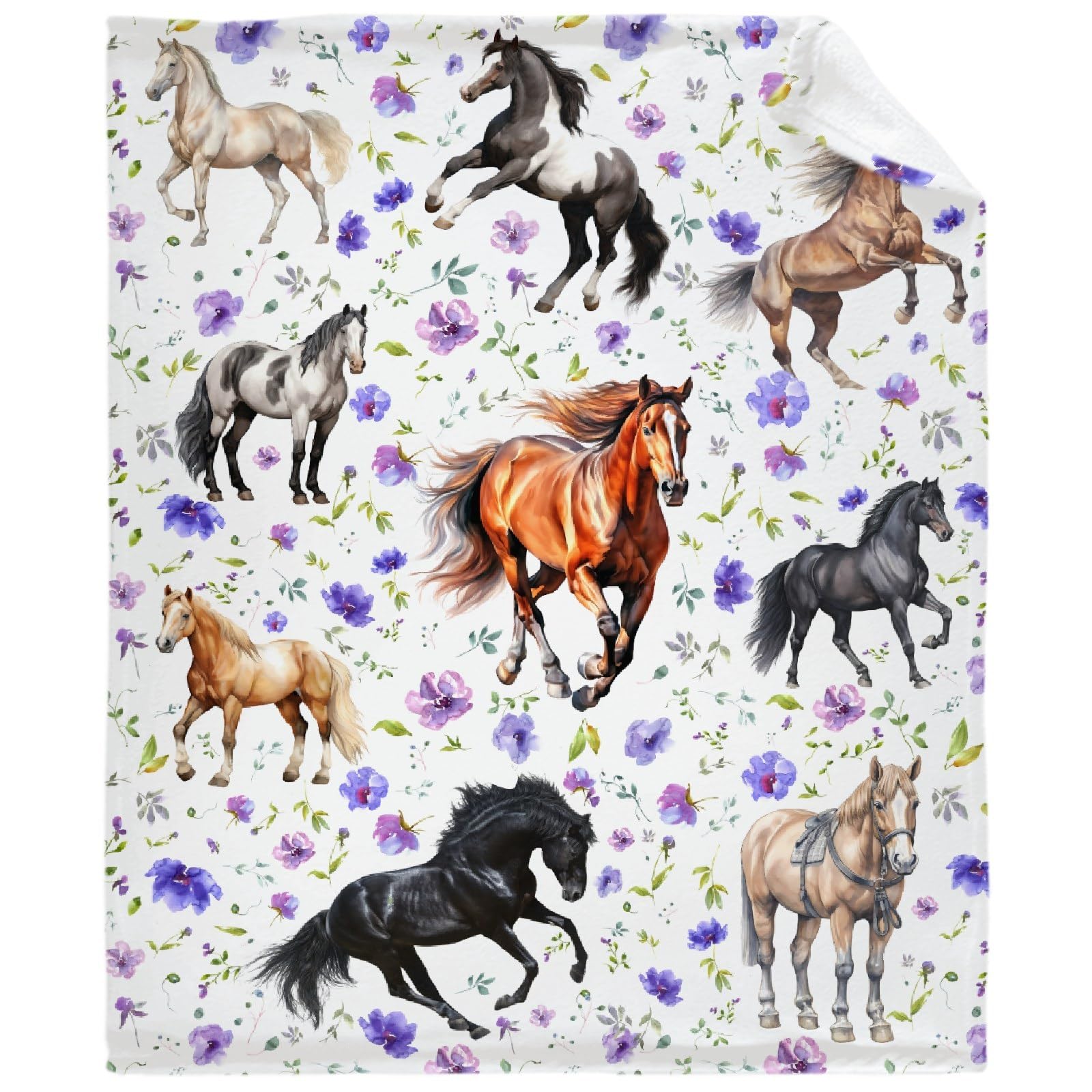 Horse Flower Blanket - Cozy Soft Flannel Lightweight and Warm for Room, Bed, Camping - 60