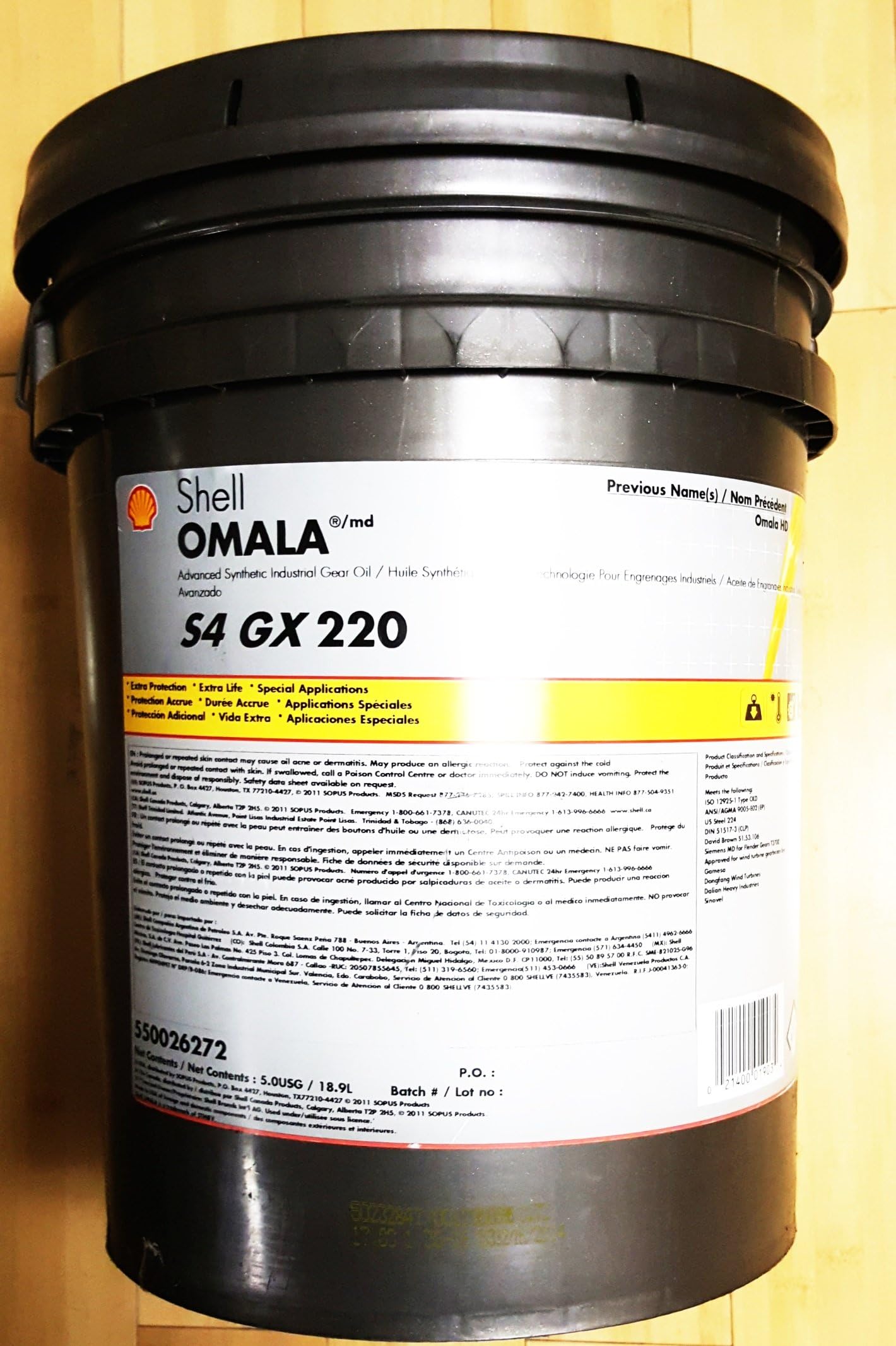 Shell Omala S4 GX 220 5 gal Pail Synthetic Gear Oil.